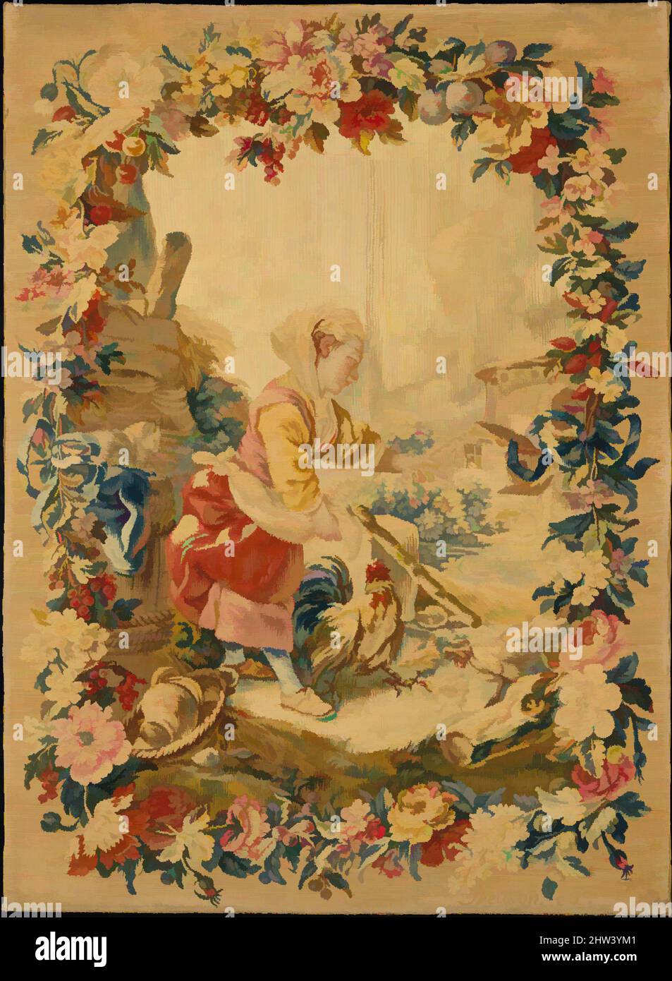 Kunst inspiriert von Mädchen Fütterung Hühner aus der Serie bekannt als die Enfants de Boucher, ca. 1770–80, Französisch, Paris, Wolle, Seide (27 Verkrümpfungen pro Zoll, 10-11 pro cm.), bestätigt: 28 3/4 × 21 1/4 Zoll (73 × 54 cm), Textilien-Wandteppiche, nach einem Gemälde von François Boucher (französisch, Paris 1703–, Klassische Werke, modernisiert von Artotop mit einem Schuss Moderne. Formen, Farbe und Wert, auffällige visuelle Wirkung auf Kunst. Emotionen durch Freiheit von Kunstwerken auf zeitgemäße Weise. Eine zeitlose Botschaft, die eine wild kreative neue Richtung verfolgt. Künstler, die sich dem digitalen Medium zuwenden und die Artotop NFT erschaffen Stockfoto