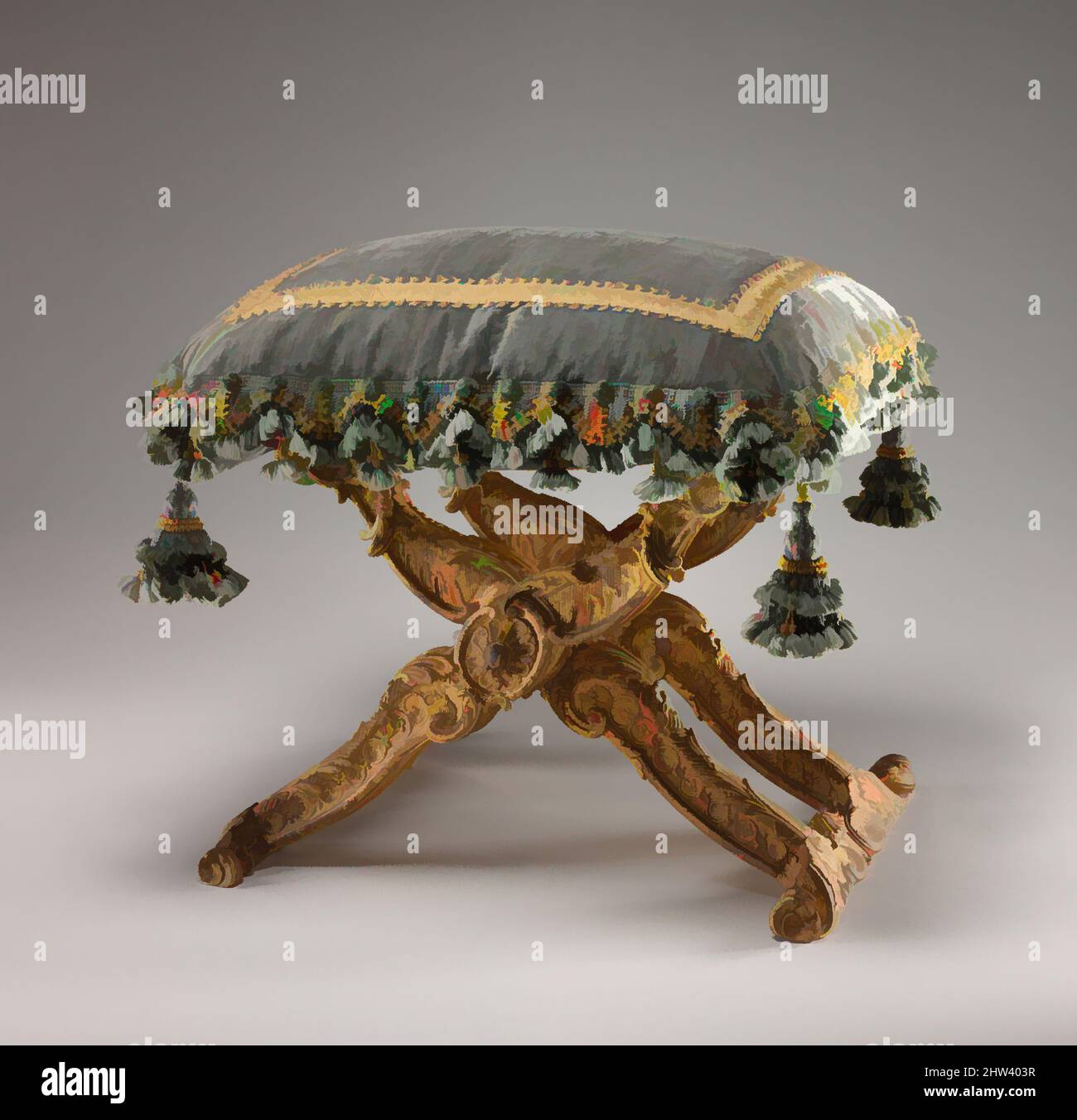 Kunst inspiriert von Folding Hocker (Pliant) (einer von einem Paar), ca. 1735–39, französisch, Paris, geschnitztes und vergoldetes Walnussholz; Seidensamt mit Goldbesatz (nicht original), H. 17-3/4 x B 23 x T 16-1/2 Zoll (45,1 x 58,4 x 41,9 cm), Holzmöbel, Hocker spielten eine wichtige Rolle in den hierarchischen, klassischen Werken, die von Artotop mit einem Schuss Moderne modernisiert wurden. Formen, Farbe und Wert, auffällige visuelle Wirkung auf Kunst. Emotionen durch Freiheit von Kunstwerken auf zeitgemäße Weise. Eine zeitlose Botschaft, die eine wild kreative neue Richtung verfolgt. Künstler, die sich dem digitalen Medium zuwenden und die Artotop NFT erschaffen Stockfoto
