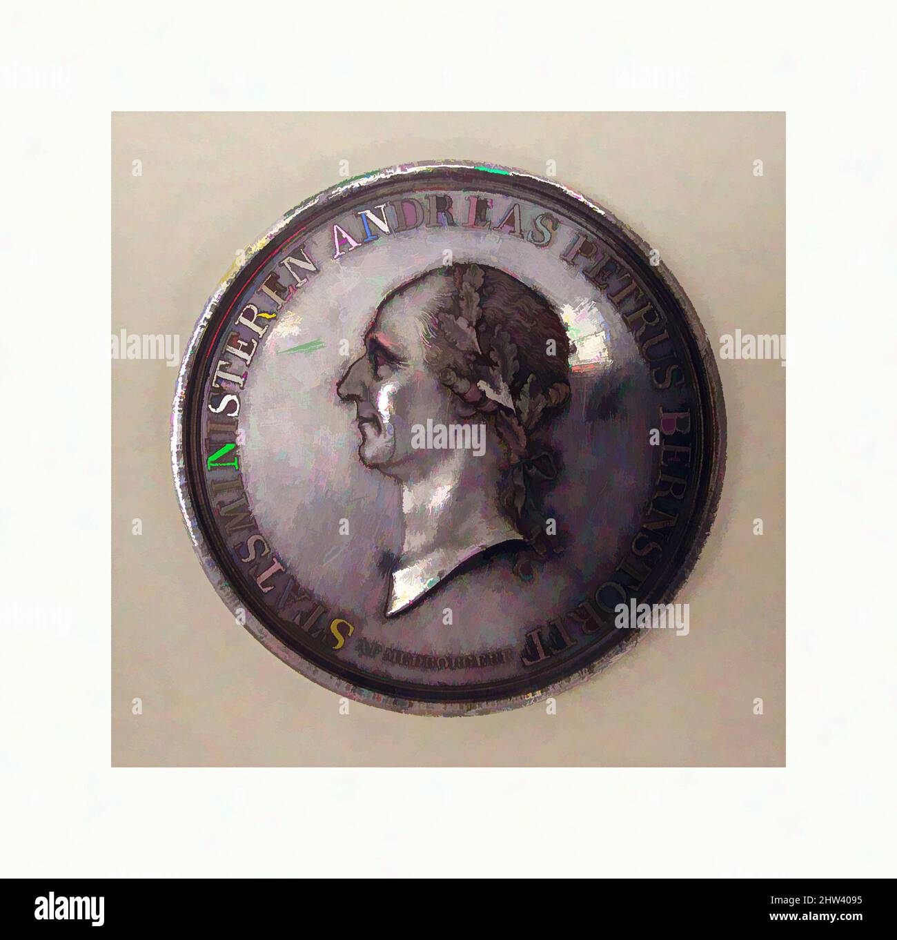Kunst inspiriert von Andreas Peter Bernstorff (1735–1797), dänischer Außenminister (1784–97), 1793, Dänisch, Silber, Durchmesser (bestätigt): 56,7 mm, Medaillen und Plaquettes, Medaillengewinnerin: Daniel Jensen Adzer (Dänisch, Kopenhagen 1731–1808, Klassische Werke, die von Artotop mit einem Schuss Moderne modernisiert wurden. Formen, Farbe und Wert, auffällige visuelle Wirkung auf Kunst. Emotionen durch Freiheit von Kunstwerken auf zeitgemäße Weise. Eine zeitlose Botschaft, die eine wild kreative neue Richtung verfolgt. Künstler, die sich dem digitalen Medium zuwenden und die Artotop NFT erschaffen Stockfoto