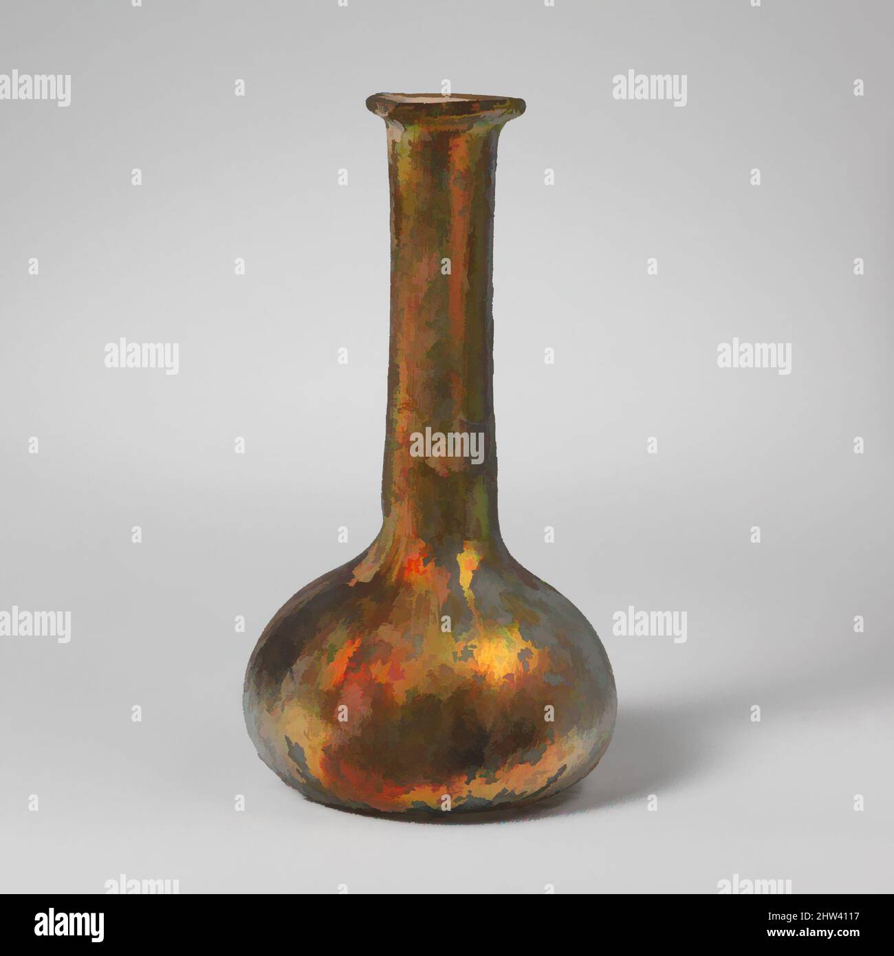 Kunst inspiriert von Glasparfümflasche, Mid Imperial, Ende 1.–Mitte 2. Jahrhundert n. Chr., Roman, Glas; geblasen, 4 3/4in. (12,1cm), Glas, lichtdurchlässig blaugrün. Der unebene Rand wurde ausgeklappt, über- und eingeklappt und flach oben und in den Mund gedrückt; der zylindrische Hals dehnte sich leicht nach unten aus und dann modernisierte Classic Works von Artotop mit einem Schuss Moderne. Formen, Farbe und Wert, auffällige visuelle Wirkung auf Kunst. Emotionen durch Freiheit von Kunstwerken auf zeitgemäße Weise. Eine zeitlose Botschaft, die eine wild kreative neue Richtung verfolgt. Künstler, die sich dem digitalen Medium zuwenden und die Artotop NFT erschaffen Stockfoto