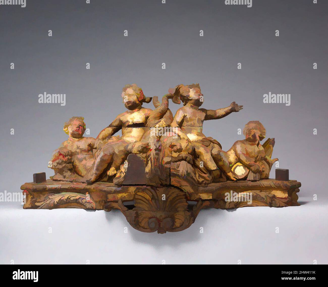 Kunst inspiriert von Stützen für eine Trage von einem Konsolentisch, wahrscheinlich Ende 19.–Anfang 20. Jahrhundert, Französisch, Campan-Marmor, andere (b und c): 2 1/2 x 12 1/2 x 5in. (6,3 x 31,8 x 12,7cm), Holzmöbel, Jules Degoullons (französisch, ca. 1671–1737), Mathieu Legoupil (Französisch, aktiv 1714, Klassische Werke, die von Artotop mit einem Schuss Moderne modernisiert wurden. Formen, Farbe und Wert, auffällige visuelle Wirkung auf Kunst. Emotionen durch Freiheit von Kunstwerken auf zeitgemäße Weise. Eine zeitlose Botschaft, die eine wild kreative neue Richtung verfolgt. Künstler, die sich dem digitalen Medium zuwenden und die Artotop NFT erschaffen Stockfoto