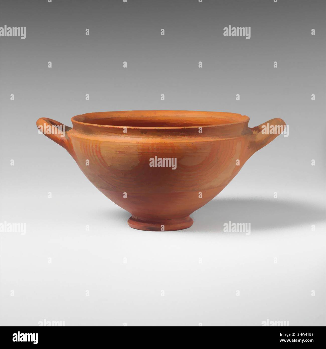 Kunst inspiriert von Terracotta skyphos (tiefer Trinkbecher), geometrisch, 1. Hälfte des 8.. Jahrhunderts v. Chr., Griechisch, Euböa, Terracotta, H. 2 15/16 in. (7,49 cm), Vasen, unprätentiös, obwohl sie als Objekte sind, Skyphoi mit hängenden Halbkreisen sind von erheblicher archäologischer Bedeutung für die von Artotop modernisierten klassischen Werke mit einem Schuss Moderne. Formen, Farbe und Wert, auffällige visuelle Wirkung auf Kunst. Emotionen durch Freiheit von Kunstwerken auf zeitgemäße Weise. Eine zeitlose Botschaft, die eine wild kreative neue Richtung verfolgt. Künstler, die sich dem digitalen Medium zuwenden und die Artotop NFT erschaffen Stockfoto