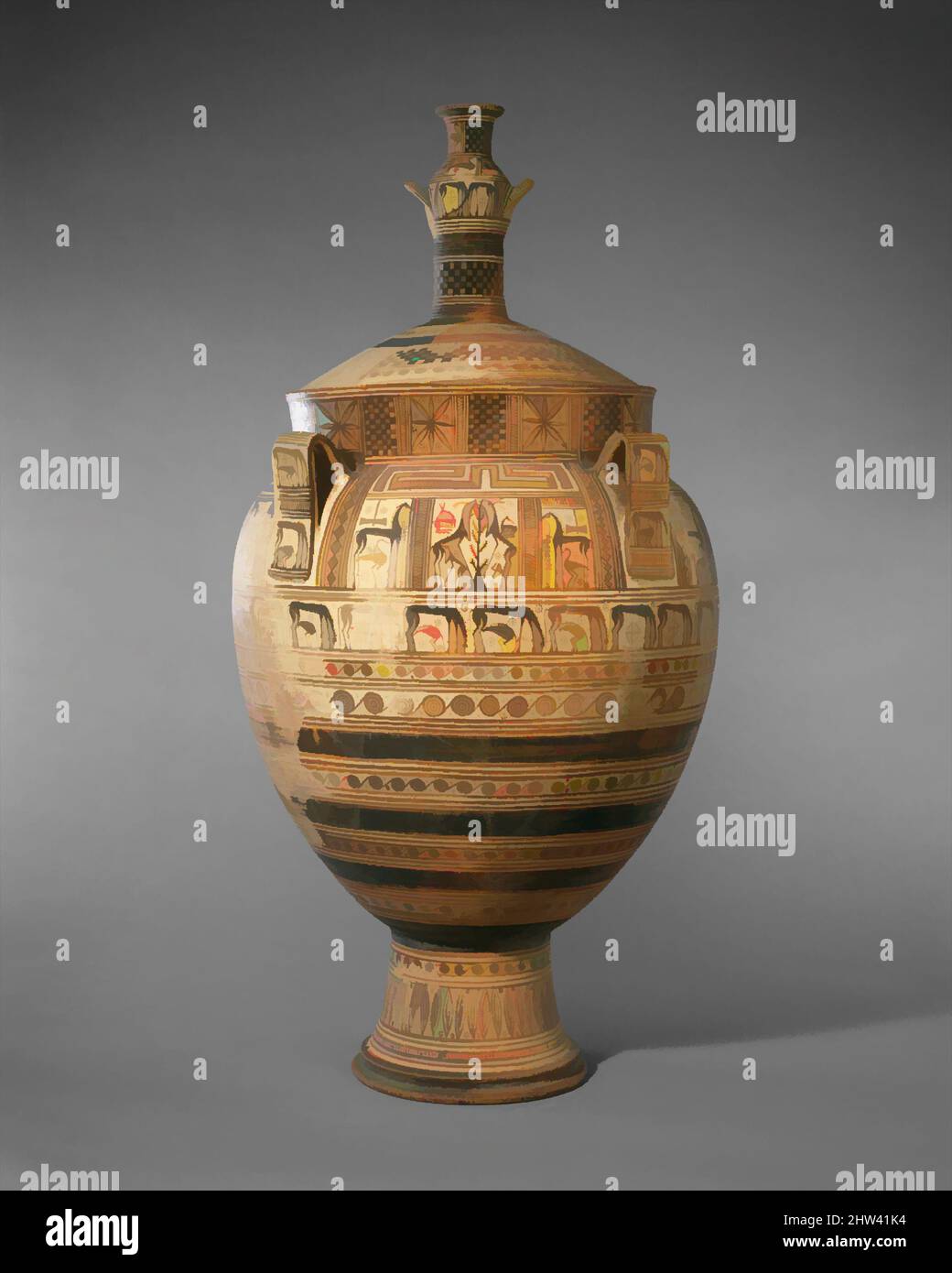 Kunst inspiriert von Terracotta-Krater mit Deckel überragt von einer kleinen Hydria, geometrisch, ca. 750–740 v. Chr., Griechisch, Euböa, Terrakotta, H. 45 1/4 Zoll (114,9 cm), Vases, angeblich aus Kourion, Zypern während des achten Jahrhunderts v. Chr., der geometrische Stil, der in Athen entstanden war verbreitet, Classic Works modernisiert von Artotop mit einem Schuss Moderne. Formen, Farbe und Wert, auffällige visuelle Wirkung auf Kunst. Emotionen durch Freiheit von Kunstwerken auf zeitgemäße Weise. Eine zeitlose Botschaft, die eine wild kreative neue Richtung verfolgt. Künstler, die sich dem digitalen Medium zuwenden und die Artotop NFT erschaffen Stockfoto