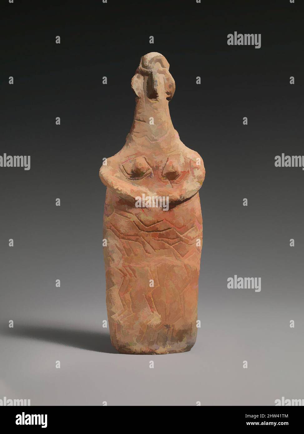 Kunst inspiriert von Terrakotta-Plankenfigur, Mittelzypriotisch I, ca. 1900–1800 v. Chr., zypriotisch, Terrakotta; handgefertigt, H. 8 1/8 Zoll (20,7 cm), Terracottas, Dies ist ein klassisches Beispiel der 'entwickelten' plankenförmigen Figur, mit elliptischem Körper und Hals und abgerundeten Schultern. Die von Artotop modernisierten, klassischen Werke mit einem Schuss Moderne. Formen, Farbe und Wert, auffällige visuelle Wirkung auf Kunst. Emotionen durch Freiheit von Kunstwerken auf zeitgemäße Weise. Eine zeitlose Botschaft, die eine wild kreative neue Richtung verfolgt. Künstler, die sich dem digitalen Medium zuwenden und die Artotop NFT erschaffen Stockfoto