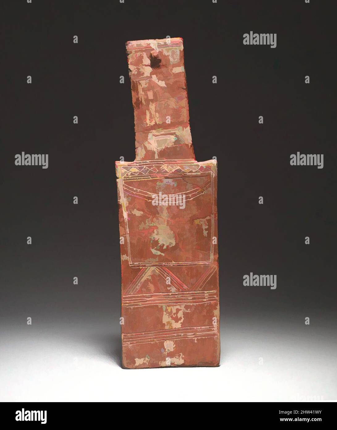 Terrakotta Plank-förmige Figur, frühe Zyprischen III - Mitte zyprischen ICH, Ca. 2000 - 1800 v. Chr., die zyprische, Terracotta, handgefertigt, H. 11 3/16 in. (28,4 cm), Terrakotten, Dies ist ein Beispiel für eine frühe Art der Plank-förmige Figur, mit rechteckiger Kopf und Schultern. Die Patterns auf den Körper wahrscheinlich zeigen ein Kleidungsstück aus Geweben, mit Schmuck überlagert. Solche Figuren erinnern sich vielleicht Kult Statuen aus Stein oder Holz, die in den Heiligtümern gesetzt wurden Stockfoto