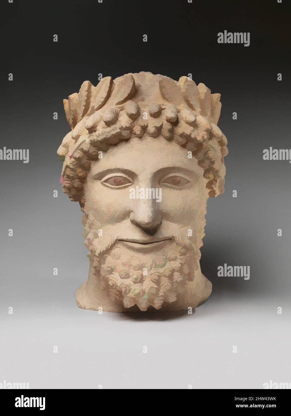 Kunst inspiriert von Kalksteinkopf eines bärtigen Mannes mit Kranz, klassisch, Anfang des 5.. Jahrhunderts v. Chr., Zypern, Kalkstein, insgesamt: 14 x 10 x 9 3/4 Zoll (35,6 x 25,4 x 24,8 cm), Steinskulptur, dieser feine Kopf mit zart gemeißeltem Bart und dezent modelliertem Gesicht spiegelt die seriöse, von Artotop modernisierte Klassik mit einem Schuss Moderne wider. Formen, Farbe und Wert, auffällige visuelle Wirkung auf Kunst. Emotionen durch Freiheit von Kunstwerken auf zeitgemäße Weise. Eine zeitlose Botschaft, die eine wild kreative neue Richtung verfolgt. Künstler, die sich dem digitalen Medium zuwenden und die Artotop NFT erschaffen Stockfoto