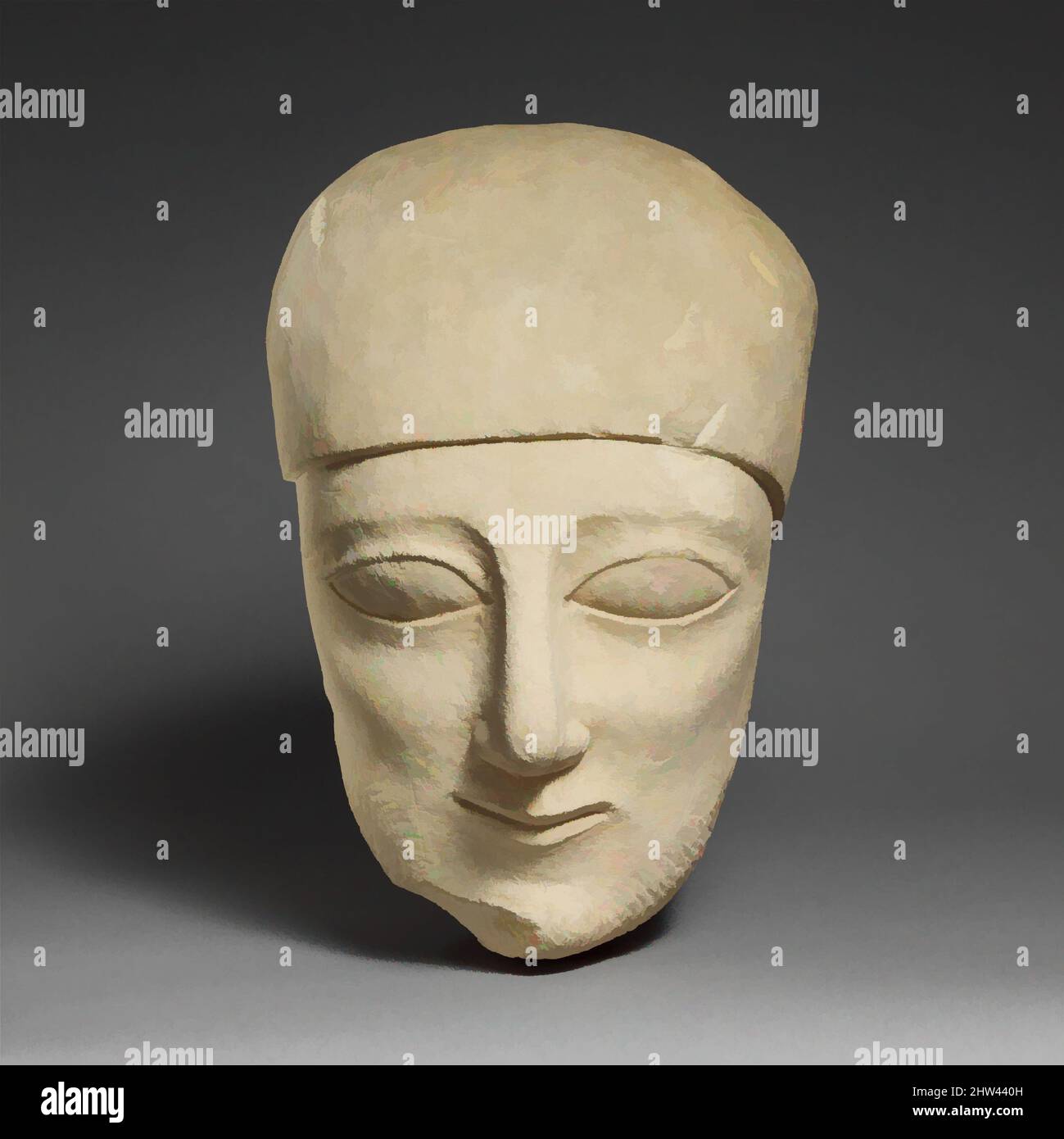 Kunst inspiriert durch Fragment eines Kalkkopfes eines bärtigen Mannes mit einem schlichten Kopfschmuck, archaisch, Anfang des 6.. Jahrhunderts v. Chr., Zypern, Kalkstein, insgesamt: 11 1/2 x 7 1/2 x 7 1/2 Zoll (29,2 x 19,1 x 19,1 cm), Steinskulptur, das Gesicht zeigt einen lächelnden Ausdruck. Die Stränge des kurzen Bartes, Classic Works modernisiert von Artotop mit einem Schuss Moderne. Formen, Farbe und Wert, auffällige visuelle Wirkung auf Kunst. Emotionen durch Freiheit von Kunstwerken auf zeitgemäße Weise. Eine zeitlose Botschaft, die eine wild kreative neue Richtung verfolgt. Künstler, die sich dem digitalen Medium zuwenden und die Artotop NFT erschaffen Stockfoto