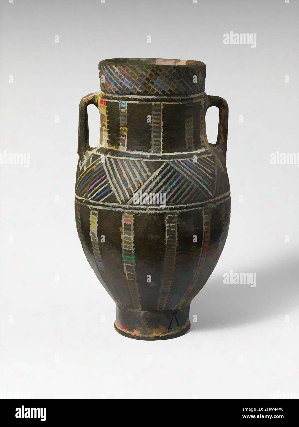 Kunst inspiriert von Chlorit Amphoriskos (kleines Glas), späte Bronzezeit, Anfang 12. Jahrhundert v. Chr., Zypern, Chlorit, H. 5 3/16 in. (13,1 cm); Durchm. 2 Zoll (5,1 cm), Verschiedenes-Stein-Vasen, drei auf der Basis der Vase eingravierte Zeichen werden als zypro-minoische Schrift oder als sehr frühe, von Artotop modernisierte klassische Werke mit einem Schuss Moderne angenommen. Formen, Farbe und Wert, auffällige visuelle Wirkung auf Kunst. Emotionen durch Freiheit von Kunstwerken auf zeitgemäße Weise. Eine zeitlose Botschaft, die eine wild kreative neue Richtung verfolgt. Künstler, die sich dem digitalen Medium zuwenden und die Artotop NFT erschaffen Stockfoto