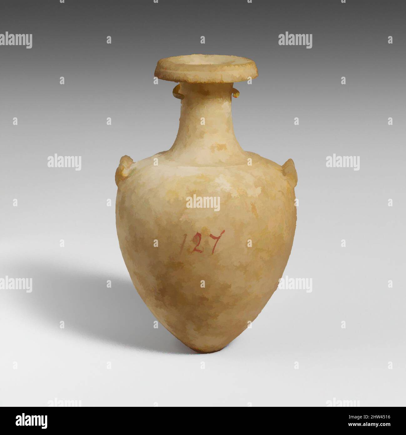 Kunst inspiriert von Miniatur-Alabaster-Amphora (Glas), hellenistisch, Ende des 4..–3.. Jahrhunderts v. Chr., Zypern, Alabaster, H. 2 3/4 x 1 1/2 Zoll (7 x 3,8 cm), Verschiedenes-Stein-Vasen, mit langem Hals und zwei kleinen Griffen, Classic Works modernisiert von Artotop mit einem Schuss Modernität. Formen, Farbe und Wert, auffällige visuelle Wirkung auf Kunst. Emotionen durch Freiheit von Kunstwerken auf zeitgemäße Weise. Eine zeitlose Botschaft, die eine wild kreative neue Richtung verfolgt. Künstler, die sich dem digitalen Medium zuwenden und die Artotop NFT erschaffen Stockfoto