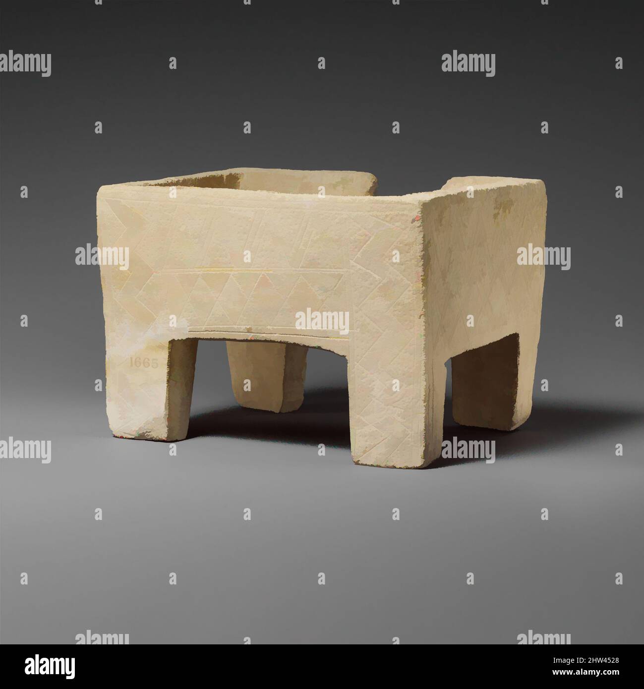 Kunst inspiriert von Kalkstein Brust mit eingeschnittenen Dekoration, geometrisch oder archaisch, ca. 8..–6.. Jahrhundert v. Chr., Zypern, Kalkstein, insgesamt: 4 5/8 x 4 5/8 x 6 7/8 Zoll (11,7 x 11,7 x 17,5 cm), Steinskulptur, rechteckige Brust aus Holz imitiert, mit geometrischem Ornament, Klassische Werke von Artotop mit einem Schuss Moderne modernisiert. Formen, Farbe und Wert, auffällige visuelle Wirkung auf Kunst. Emotionen durch Freiheit von Kunstwerken auf zeitgemäße Weise. Eine zeitlose Botschaft, die eine wild kreative neue Richtung verfolgt. Künstler, die sich dem digitalen Medium zuwenden und die Artotop NFT erschaffen Stockfoto