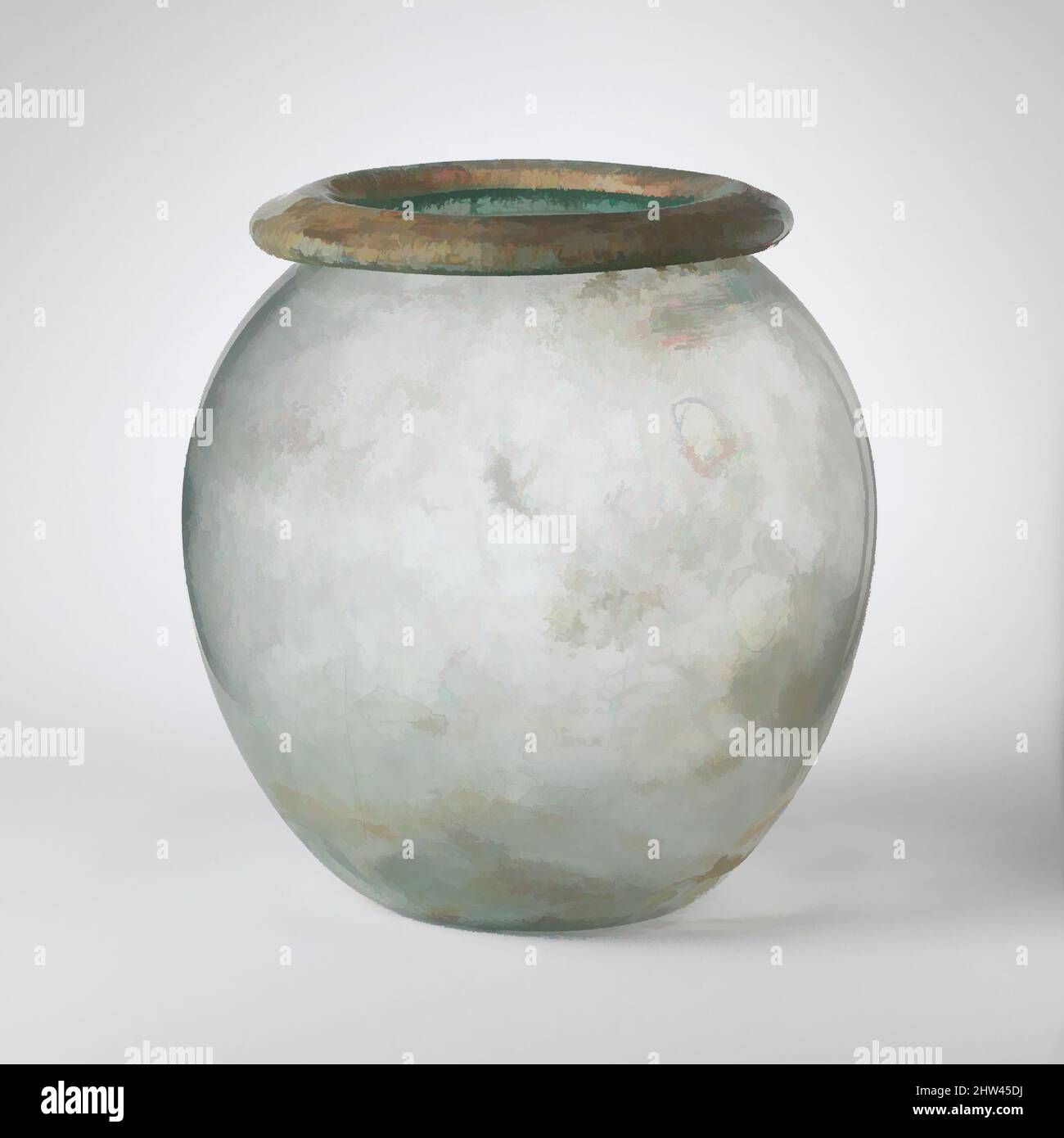 Kunst inspiriert von Glasurne (olla), Imperial, Mitte des 1..–Mitte des 2.. Jahrhunderts n. Chr., römisch, Glas; geblasen, Durchm.: 8 1/4 Zoll (21 cm), Glas, lichtdurchlässig blaugrün. Breiter, verwinkelter, röhrenförmiger Rand, der durch Ausklappen, Absenken, Runden und Einklappen hergestellt wird, mit abgeschrägter Oberfläche; ovoider Körper; konkaver Boden; Classic Works, modernisiert von Artotop mit einem Schuss Moderne. Formen, Farbe und Wert, auffällige visuelle Wirkung auf Kunst. Emotionen durch Freiheit von Kunstwerken auf zeitgemäße Weise. Eine zeitlose Botschaft, die eine wild kreative neue Richtung verfolgt. Künstler, die sich dem digitalen Medium zuwenden und die Artotop NFT erschaffen Stockfoto