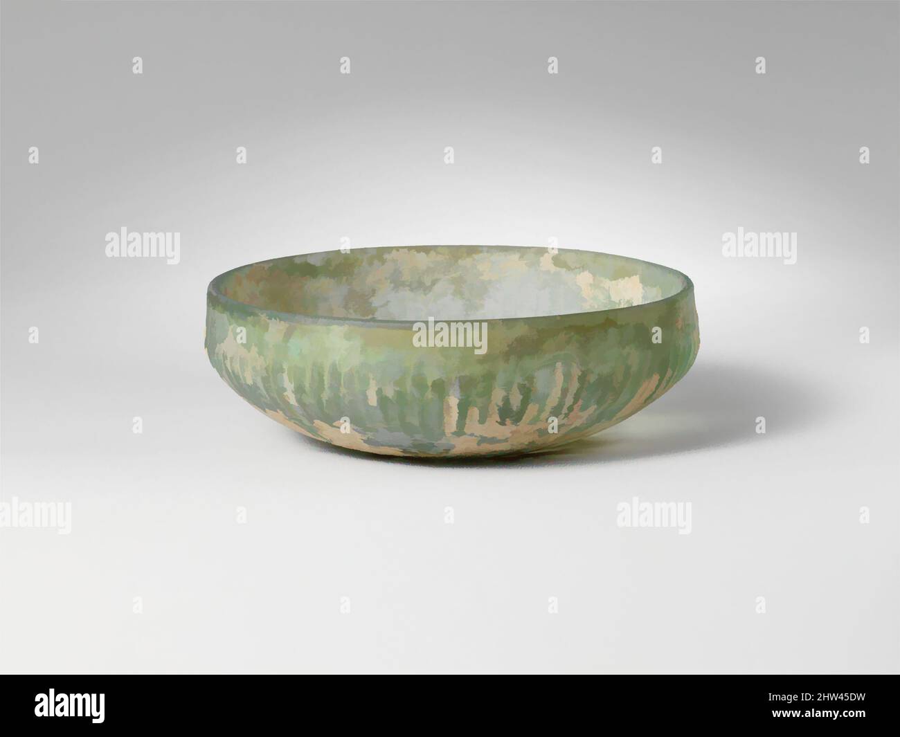 Kunst inspiriert durch Glasgerippte Schale, frühes Imperium, Ende des 1.. Jahrhunderts v. Chr.–Mitte des 1.. Jahrhunderts n. Chr., römisch, Glas; gegossen, bearbeitete, Und schneiden, H. 1 5/8 Zoll (4,1 cm), Glas, lichtdurchlässig hellblau grün. Vertikaler Rand mit abgerundeter Oberkante; schlichtes, vertikales Band von unregelmäßiger Höhe um die Spitze des von Artotop modernisierten Classic Works mit einem Schuss Modernität. Formen, Farbe und Wert, auffällige visuelle Wirkung auf Kunst. Emotionen durch Freiheit von Kunstwerken auf zeitgemäße Weise. Eine zeitlose Botschaft, die eine wild kreative neue Richtung verfolgt. Künstler, die sich dem digitalen Medium zuwenden und die Artotop NFT erschaffen Stockfoto