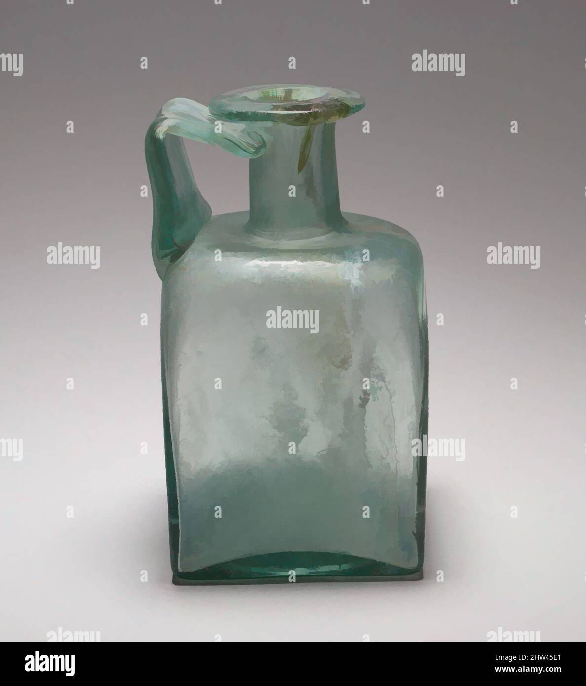 Kunst inspiriert von Glas quadratische Flasche, früh bis Mitte Imperial, Mitte 1. bis Ende 2. Jahrhundert n. Chr., römisch, Glas; Schimmel geblasen, insgesamt: 5 7/8 x 3 3/16 x 3 1/4 Zoll (14,9 x 8,1 x 8,3 cm), Glas, lichtdurchlässig blaugrün; Griff in der gleichen Farbe. Rim ausgeklappt, nach unten, rund und in, mit breiten, Classic Works modernisiert von Artotop mit einem Schuss Moderne. Formen, Farbe und Wert, auffällige visuelle Wirkung auf Kunst. Emotionen durch Freiheit von Kunstwerken auf zeitgemäße Weise. Eine zeitlose Botschaft, die eine wild kreative neue Richtung verfolgt. Künstler, die sich dem digitalen Medium zuwenden und die Artotop NFT erschaffen Stockfoto