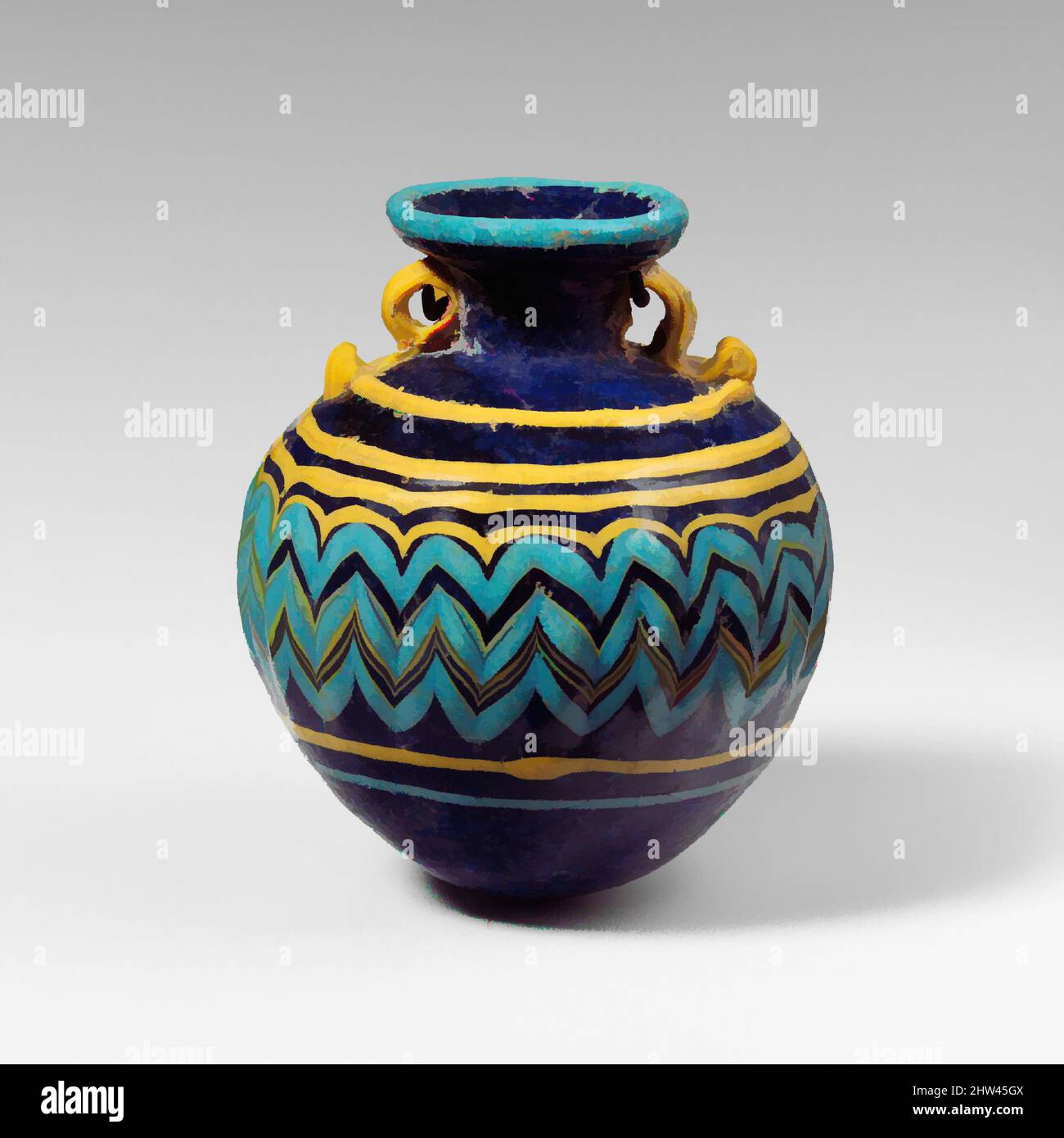 Kunst inspiriert von Glas Aryballos (Parfümflasche), klassisch, Ende 6.–5. Jahrhundert v. Chr., Griechisch, östliches Mittelmeer, Glas; kernförmig, Gruppe I, H.: 2 9/16 Zoll (6,5 cm), Glas, lichtdurchlässiges Kobaltblau, mit Griffen in opak-gelb; Trails in opak-gelb und opak-türkisblau, Classic Works modernisiert von Artotop mit einem Schuss Modernität. Formen, Farbe und Wert, auffällige visuelle Wirkung auf Kunst. Emotionen durch Freiheit von Kunstwerken auf zeitgemäße Weise. Eine zeitlose Botschaft, die eine wild kreative neue Richtung verfolgt. Künstler, die sich dem digitalen Medium zuwenden und die Artotop NFT erschaffen Stockfoto