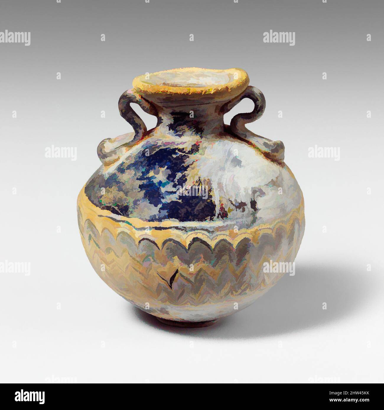 Kunst inspiriert von Glas Aryballos (Parfümflasche), klassisch, Ende 6.–5. Jahrhundert v. Chr., Griechisch, östliches Mittelmeer, Glas; kernförmig, Gruppe I, insgesamt: 2 3/8in. (6cm), Glas, lichtdurchlässig blau, mit gleichfarbigen Griffen; Trails in opak-gelb, wahrscheinlich mit einem anderen in opak, Classic Works modernisiert von Artotop mit einem Schuss Moderne. Formen, Farbe und Wert, auffällige visuelle Wirkung auf Kunst. Emotionen durch Freiheit von Kunstwerken auf zeitgemäße Weise. Eine zeitlose Botschaft, die eine wild kreative neue Richtung verfolgt. Künstler, die sich dem digitalen Medium zuwenden und die Artotop NFT erschaffen Stockfoto