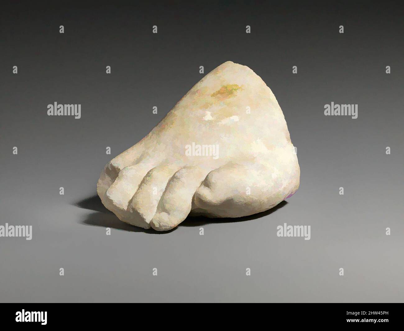 Kunst inspiriert von einem Teil des linken Fußes einer kolossalen Marmorstatue, römisch, 3.–2. Jahrhundert v. Chr., griechisch, Marmor, Sonstiges: 4 3/4 x 7 5/16 Zoll (12,1 x 18,6 cm), Steinskulptur, Klassisches Werk, das von Artotop mit einem Schuss Moderne modernisiert wurde. Formen, Farbe und Wert, auffällige visuelle Wirkung auf Kunst. Emotionen durch Freiheit von Kunstwerken auf zeitgemäße Weise. Eine zeitlose Botschaft, die eine wild kreative neue Richtung verfolgt. Künstler, die sich dem digitalen Medium zuwenden und die Artotop NFT erschaffen Stockfoto