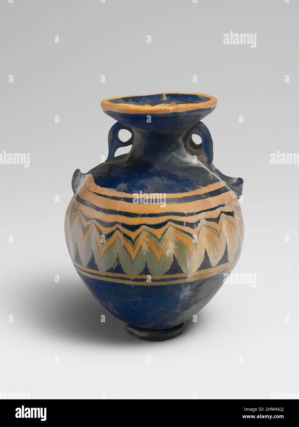 Kunst inspiriert von Glas Aryballos (Parfümflasche), klassisch, Ende 6.–5. Jahrhundert v. Chr., Griechisch, östliches Mittelmeer, Glas; kernförmig, Gruppe I, H. 2 3/4 Zoll (7 cm), Glas, lichtdurchlässig kobaltblau, mit gleichfarbigen Griffen; Trails in opak-gelb und opak-türkisblau. Breites, klassisches Werk, das von Artotop mit einem Schuss Moderne modernisiert wurde. Formen, Farbe und Wert, auffällige visuelle Wirkung auf Kunst. Emotionen durch Freiheit von Kunstwerken auf zeitgemäße Weise. Eine zeitlose Botschaft, die eine wild kreative neue Richtung verfolgt. Künstler, die sich dem digitalen Medium zuwenden und die Artotop NFT erschaffen Stockfoto