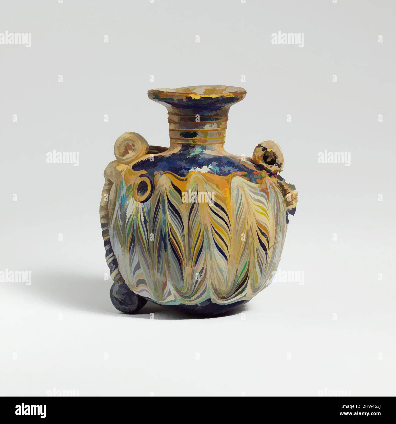 Kunst inspiriert von Glas lentoid aryballos (Parfümflasche), hellenistisch, Ende 4.–Anfang 3. Jahrhundert v. Chr., östliches Mittelmeer oder Italienisch, Glas; kernförmig, Gruppe II, H.: 3 1/2 Zoll (8,9 cm), Glas, lichtdurchlässig kobaltblau, mit Griffen, Spulen, Und Füße in gleicher Farbe; Trails in opaken, von Artotop modernisierten Classic Works mit einem Schuss Modernität. Formen, Farbe und Wert, auffällige visuelle Wirkung auf Kunst. Emotionen durch Freiheit von Kunstwerken auf zeitgemäße Weise. Eine zeitlose Botschaft, die eine wild kreative neue Richtung verfolgt. Künstler, die sich dem digitalen Medium zuwenden und die Artotop NFT erschaffen Stockfoto