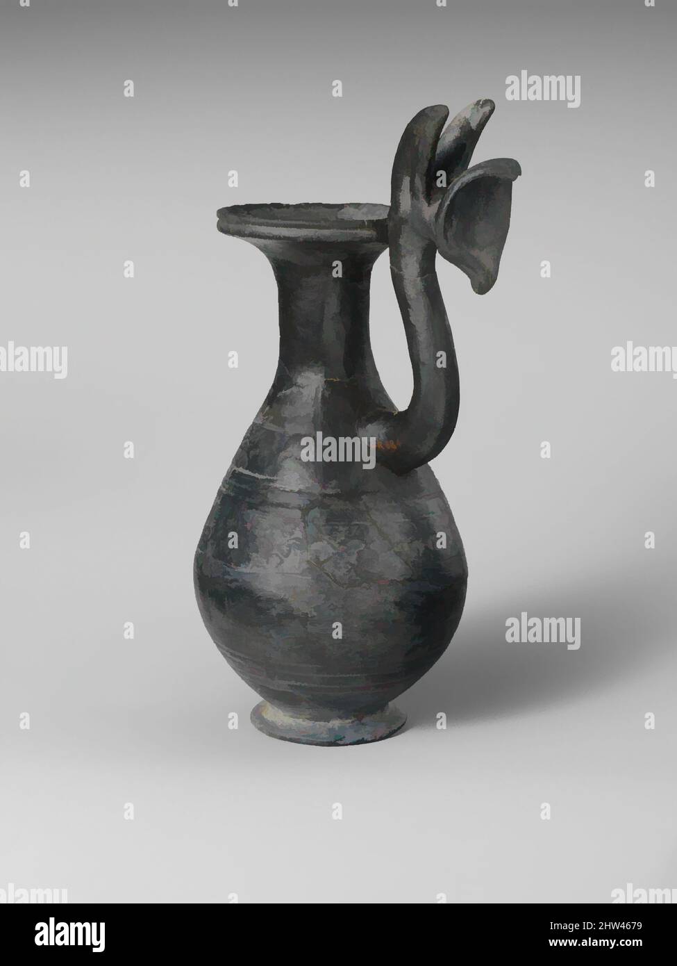 Kunst inspiriert von Terrakotta-Krug mit Griff aus Protom, archaisch, 1. Hälfte des 6.. Jahrhunderts v. Chr., Etrusker, Terracotta; Bucchero, H. mit Griff 8 1/8 Zoll (20,7 cm.), Vasen, vom Ende des siebten Jahrhunderts bis weit in das sechste Jahrhundert v. Chr., in Etruria 'cilindretto' Ornament, Klassische Werke modernisiert von Artotop mit einem Spritzer der Moderne. Formen, Farbe und Wert, auffällige visuelle Wirkung auf Kunst. Emotionen durch Freiheit von Kunstwerken auf zeitgemäße Weise. Eine zeitlose Botschaft, die eine wild kreative neue Richtung verfolgt. Künstler, die sich dem digitalen Medium zuwenden und die Artotop NFT erschaffen Stockfoto