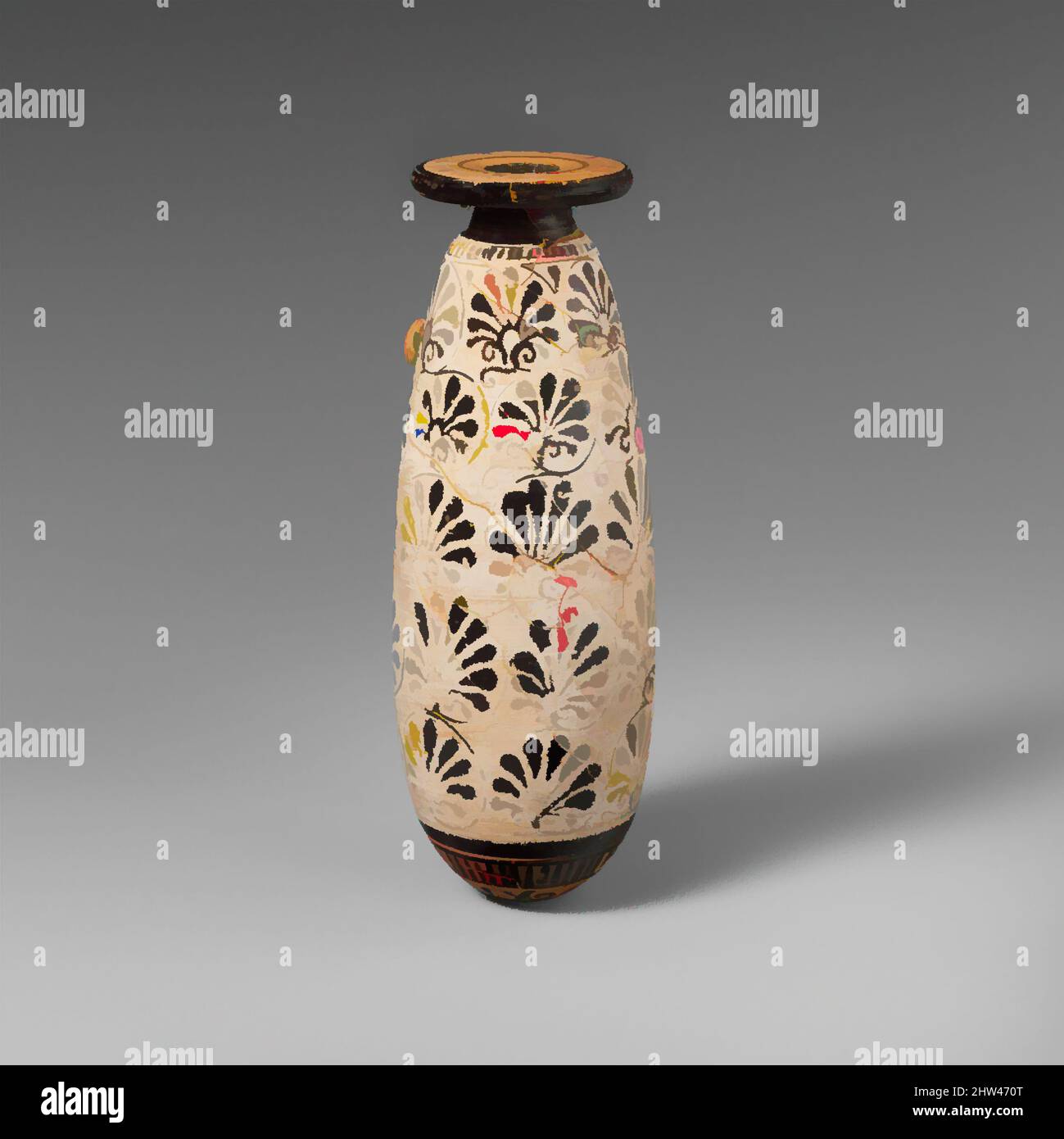 Kunst inspiriert von Terracotta Alabastron (Parfümvase), archaisch, ca. 510–500 v. Chr., Griechisch, Dachboden, Terrakotta; schwarze Figur, Weiß, H.: 6 Zoll (15,2 cm), Vasen, Palmetten. Dies ist eine Gruppe von Weißgrund-Alabastra, die mit einer Rotfiguren-Werkstatt assoziiert ist. Einfach, aber die, Classic Works modernisiert von Artotop mit einem Schuss Moderne. Formen, Farbe und Wert, auffällige visuelle Wirkung auf Kunst. Emotionen durch Freiheit von Kunstwerken auf zeitgemäße Weise. Eine zeitlose Botschaft, die eine wild kreative neue Richtung verfolgt. Künstler, die sich dem digitalen Medium zuwenden und die Artotop NFT erschaffen Stockfoto