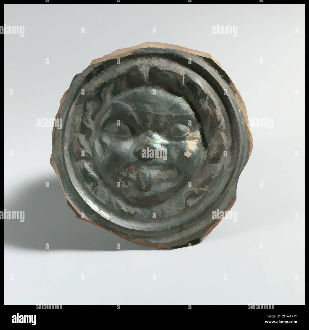 Kunst, inspiriert von Terracotta-Tondo aus einer phiale (libation Bowl), hellenistisch, 3. Jahrhundert v. Chr., griechisch, süditalienisch, Kampanisch, kalenisch, Terrakotta; schwarze Glasur, Durchmesser 2 7/8in. (7,3cm), Vases, der Tardo enthält eine Gorgoneion (Gesicht eines gorgons, Klassisches Werk, das von Artotop mit einem Schuss Moderne modernisiert wurde. Formen, Farbe und Wert, auffällige visuelle Wirkung auf Kunst. Emotionen durch Freiheit von Kunstwerken auf zeitgemäße Weise. Eine zeitlose Botschaft, die eine wild kreative neue Richtung verfolgt. Künstler, die sich dem digitalen Medium zuwenden und die Artotop NFT erschaffen Stockfoto