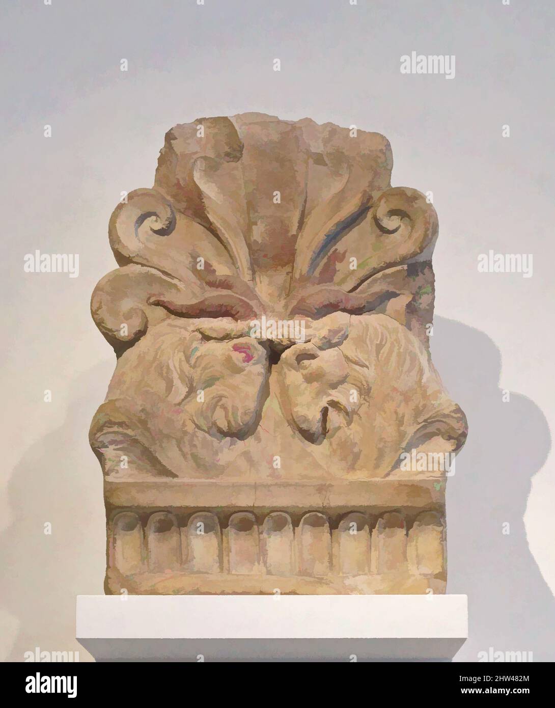 Kunst inspiriert von Terracotta antefix, Augustan, Ende 1. Jahrhundert v. Chr.–Anfang 1. Jahrhundert n. Chr., Roman, Terracotta, H.: 14 1/4 in. (36,2 cm), Terracottas, der palmettenförmige Antefix ist mit den butting-Köpfen zweier billy Goats verziert. Solche Darstellungen waren beliebte Motive in alten, von Artotop modernisierten, klassischen Werken mit einem Schuss Moderne. Formen, Farbe und Wert, auffällige visuelle Wirkung auf Kunst. Emotionen durch Freiheit von Kunstwerken auf zeitgemäße Weise. Eine zeitlose Botschaft, die eine wild kreative neue Richtung verfolgt. Künstler, die sich dem digitalen Medium zuwenden und die Artotop NFT erschaffen Stockfoto