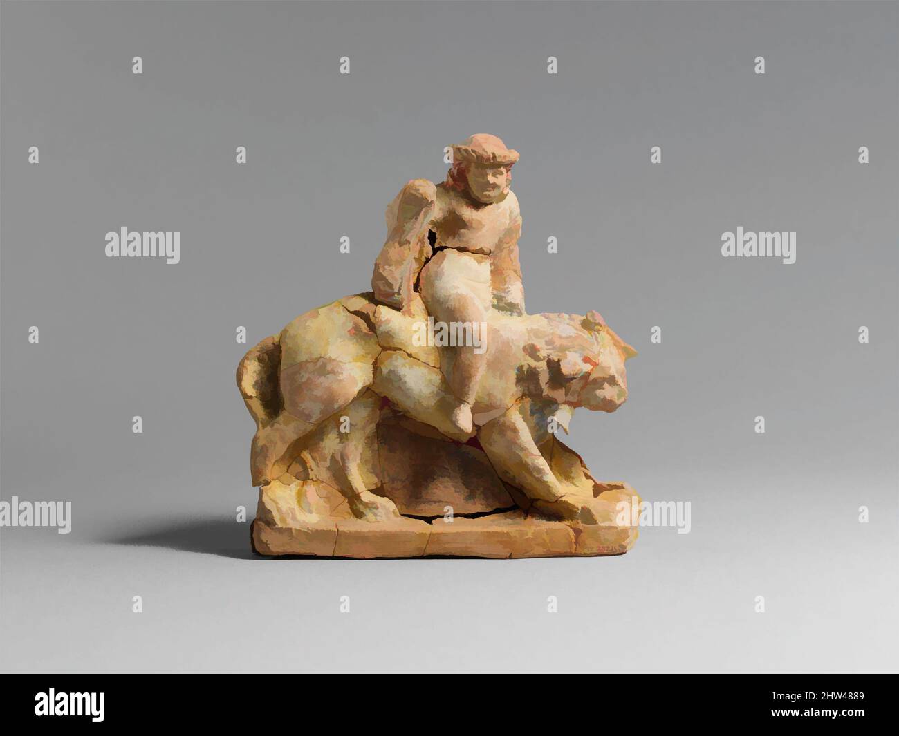 Kunst inspiriert von Terracotta Statuette von Eros auf einem Löwen, hellenistisch, Ende 4. oder 3. Jahrhundert v. Chr., Griechisch, Süditalien, Terracotta, L. 6 1/2 in. (16,5 cm), Terracottas, Obwohl diese Figur keine Flügel hat, hilft eine fast identische geflügelte Statuette aus der gleichen Provenienz zu identifizieren, Klassische Werke, die von Artotop modernisiert wurden, mit einem Schuss Moderne. Formen, Farbe und Wert, auffällige visuelle Wirkung auf Kunst. Emotionen durch Freiheit von Kunstwerken auf zeitgemäße Weise. Eine zeitlose Botschaft, die eine wild kreative neue Richtung verfolgt. Künstler, die sich dem digitalen Medium zuwenden und die Artotop NFT erschaffen Stockfoto Kunst inspiriert von Terracotta Statuette von Eros auf einem Löwen, hellenistisch, Ende 4. oder 3. Jahrhundert v. Chr., Griechisch, Süditalien, Terracotta, L. 6 1/2 in. (16,5 cm), Terracottas, Obwohl diese Figur keine Flügel hat, hilft eine fast identische geflügelte Statuette aus der gleichen Provenienz zu identifizieren, Klassische Werke, die von Artotop modernisiert wurden, mit einem Schuss Moderne. Formen, Farbe und Wert, auffällige visuelle Wirkung auf Kunst. Emotionen durch Freiheit von Kunstwerken auf zeitgemäße Weise. Eine zeitlose Botschaft, die eine wild kreative neue Richtung verfolgt. Künstler, die sich dem digitalen Medium zuwenden und die Artotop NFT erschaffen Stockfoto