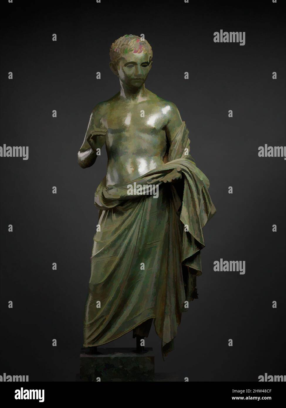 Kunst inspiriert von der Bronzestatue eines aristokratischen Jungen, Augustan, 27 v. Chr.–n. Chr. 14, römisch, Bronze, 46 1/2 × 20 × 16 1/2 Zoll, 150 lb. (118,1 × 50,8 × 41,9 cm, 68 kg), Bronzen, Diese lebensgroße Statue wurde auf der östlichen Mittelmeerinsel Rhodos gefunden, deren antike griechische Städte waren, Klassische Werke, die von Artotop mit einem Schuss Moderne modernisiert wurden. Formen, Farbe und Wert, auffällige visuelle Wirkung auf Kunst. Emotionen durch Freiheit von Kunstwerken auf zeitgemäße Weise. Eine zeitlose Botschaft, die eine wild kreative neue Richtung verfolgt. Künstler, die sich dem digitalen Medium zuwenden und die Artotop NFT erschaffen Stockfoto