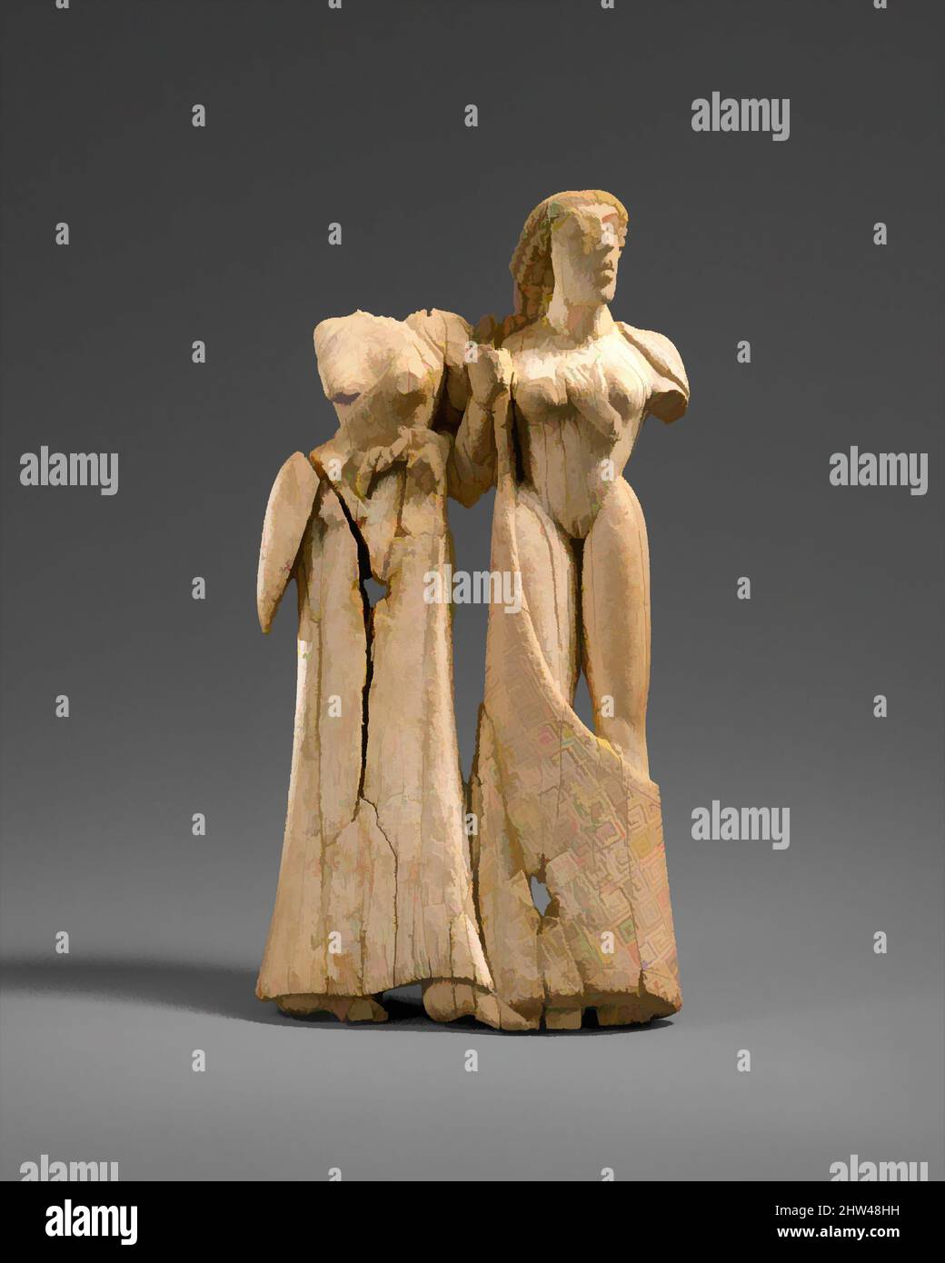 Kunst inspiriert von dekorativer Elfenbeintafel, archaisch, 2. Hälfte des 7.. Jahrhunderts v. Chr., Griechisch, Elfenbein, insgesamt: 5 3/8 x 2 3/4 x 5/8 Zoll (13,6 x 7 x 1,6 cm), Diese Tafel zeigt ein mythologisches Thema, das mit dem Aufkommen des gottes Dionysos in Griechenland in Verbindung steht. Weil die beiden Töchter von King, Classic Werke modernisiert von Artotop mit einem Schuss Moderne. Formen, Farbe und Wert, auffällige visuelle Wirkung auf Kunst. Emotionen durch Freiheit von Kunstwerken auf zeitgemäße Weise. Eine zeitlose Botschaft, die eine wild kreative neue Richtung verfolgt. Künstler, die sich dem digitalen Medium zuwenden und die Artotop NFT erschaffen Stockfoto