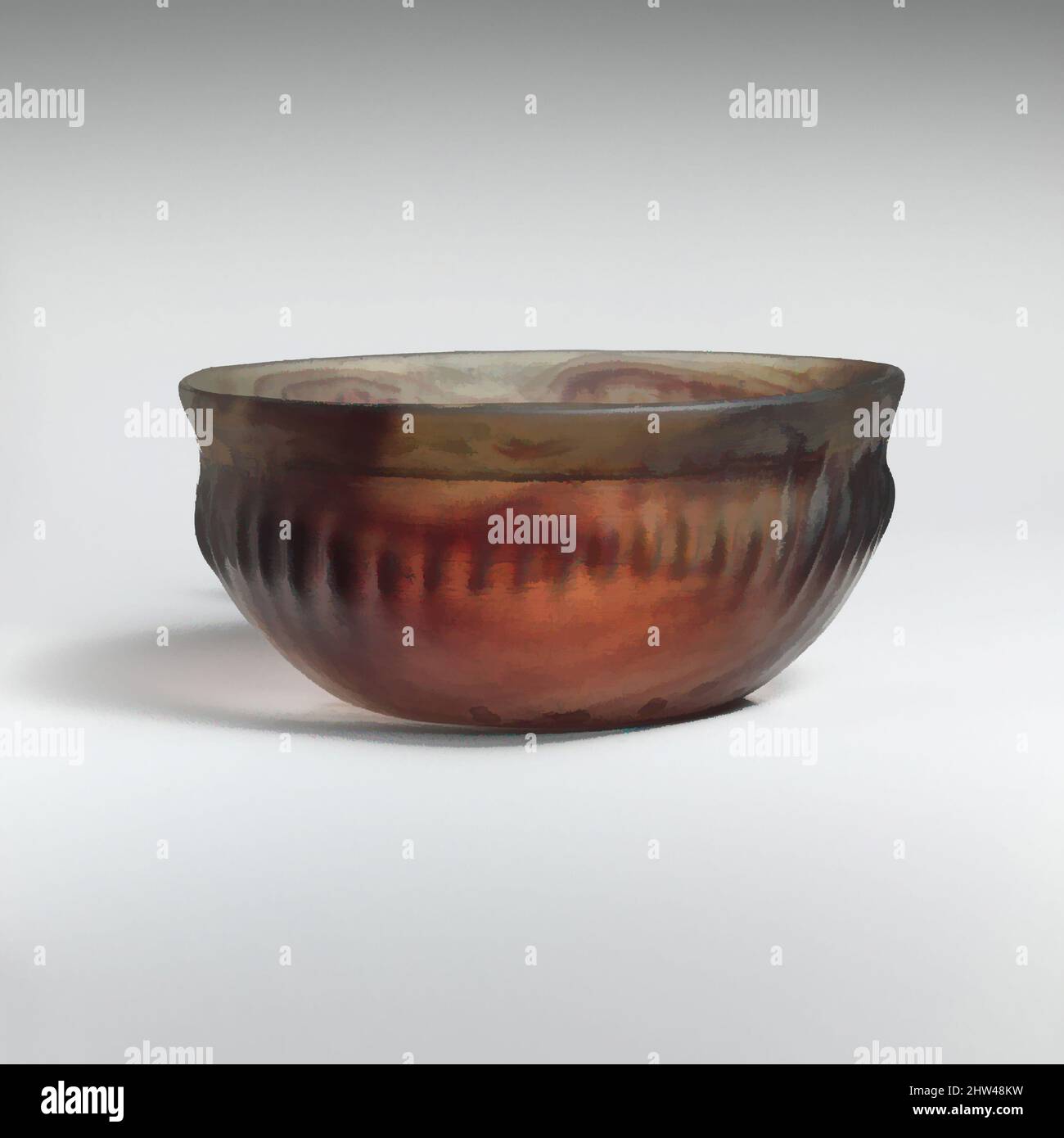 Kunst inspiriert von Glasgerippter Schale, frühes Imperial, Augustan oder Julio-Claudian, Ende des 1.. Jahrhunderts v. Chr.–Mitte des 1.. Jahrhunderts n. Chr., römisch, Glas; gegossen, bearbeitete, Und Schnitt, H.: 2 5/16 Zoll (5,8 cm), Glas, lichtdurchlässig streifendes Lila mit farblosen Flecken., ausgespielter Rand mit fast spitz zulaufenden, von Artotop modernisierten Classic Works mit einem Schuss Modernität. Formen, Farbe und Wert, auffällige visuelle Wirkung auf Kunst. Emotionen durch Freiheit von Kunstwerken auf zeitgemäße Weise. Eine zeitlose Botschaft, die eine wild kreative neue Richtung verfolgt. Künstler, die sich dem digitalen Medium zuwenden und die Artotop NFT erschaffen Stockfoto