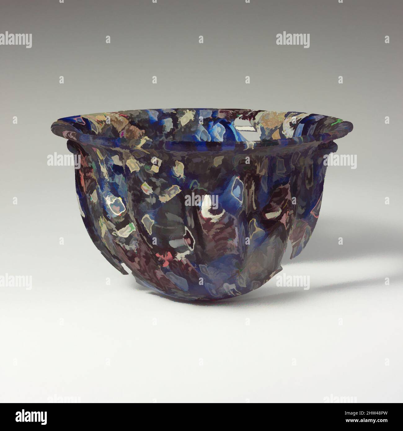 Kunst inspiriert durch gerippte Mosaikschale, frühes Imperium, Ende des 1.. Jahrhunderts v. Chr.–Anfang des 1.. Jahrhunderts n. Chr., römisch, wahrscheinlich italienisch, Glas; gegossen und bearbeitete, 4 1/16in. (10,3cm), Glas, lichtdurchlässig kobaltblau und violett, und opak weiß., ausgespieltes horizontales Randstück, mit dickem, unebenem, Klassische Werke, die von Artotop mit einem Hauch von Moderne modernisiert wurden. Formen, Farbe und Wert, auffällige visuelle Wirkung auf Kunst. Emotionen durch Freiheit von Kunstwerken auf zeitgemäße Weise. Eine zeitlose Botschaft, die eine wild kreative neue Richtung verfolgt. Künstler, die sich dem digitalen Medium zuwenden und die Artotop NFT erschaffen Stockfoto