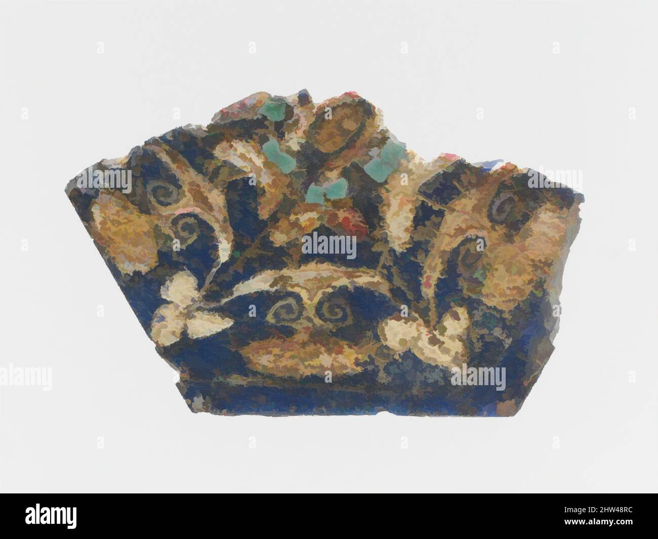Kunst inspiriert von Glasmosaikeinlage, hellenistisch, 1.. Jahrhundert v. Chr.–1.. Jahrhundert n. Chr., ägyptisch, römisch, Glas; gegossen, Sonstiges: 1 7/16 Zoll (3,6 cm), Glas, lichtdurchlässiger kobaltblauer Boden; Dekoration in opak weiß, gelb, rot und graugrün., Polygonal, Flache und sehr dünne Plakette, die von Artotop modernisierten Classic Works mit einem Schuss Modernität. Formen, Farbe und Wert, auffällige visuelle Wirkung auf Kunst. Emotionen durch Freiheit von Kunstwerken auf zeitgemäße Weise. Eine zeitlose Botschaft, die eine wild kreative neue Richtung verfolgt. Künstler, die sich dem digitalen Medium zuwenden und die Artotop NFT erschaffen Stockfoto