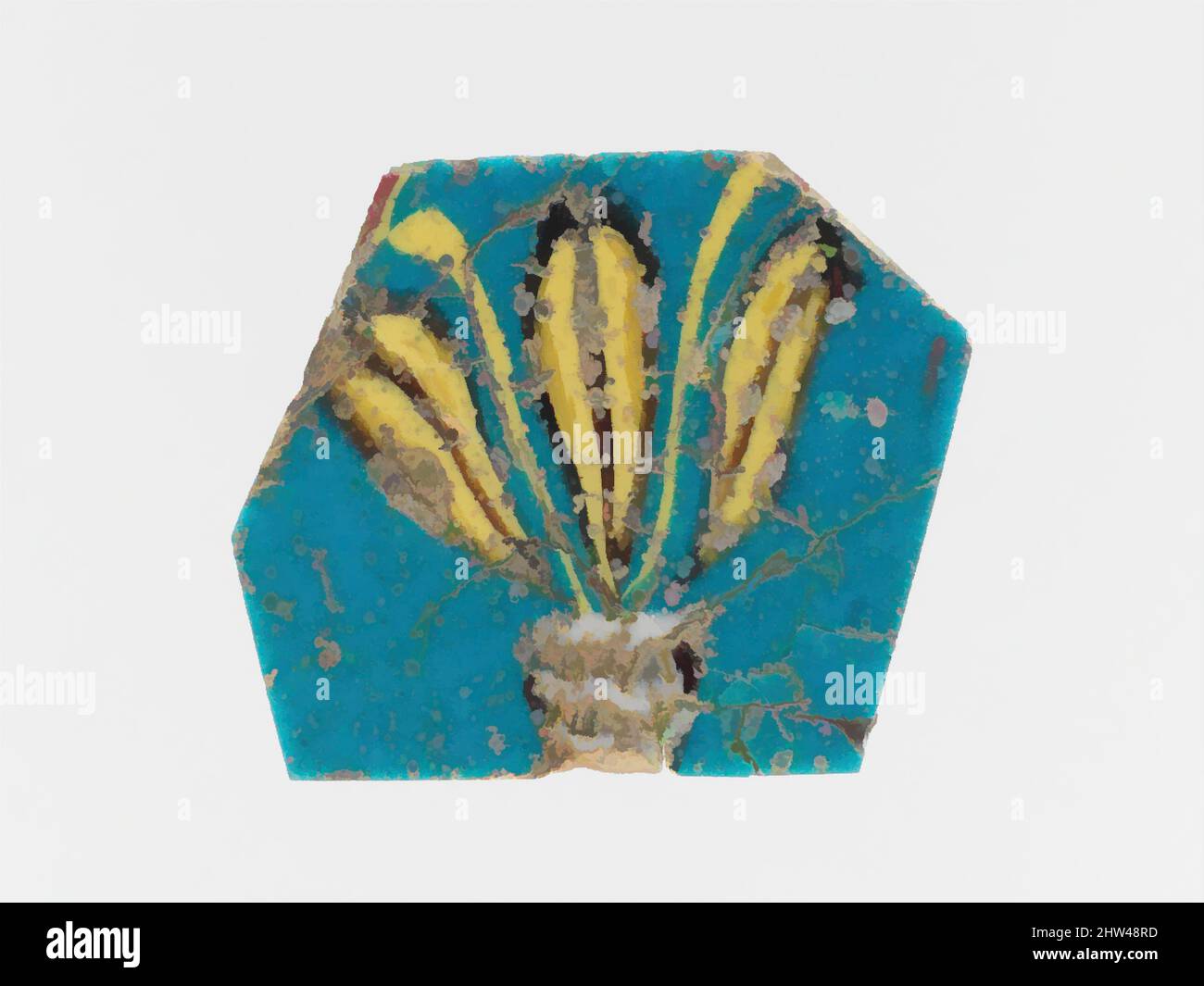 Kunst inspiriert von Glasmosaikeinlage, hellenistisch, 1.. Jahrhundert v. Chr.–1.. Jahrhundert n. Chr., ägyptisch, römisch, Glas; gegossen, Sonstiges: 1 1/2 Zoll (3,8 cm), Glas, halbopaker türkisblauer Boden; Dekoration in opak weiß und gelb, und transluzent tiefviolett erscheint schwarz, mit opak rot und, Classic Works modernisiert von Artotop mit einem Schuss Moderne. Formen, Farbe und Wert, auffällige visuelle Wirkung auf Kunst. Emotionen durch Freiheit von Kunstwerken auf zeitgemäße Weise. Eine zeitlose Botschaft, die eine wild kreative neue Richtung verfolgt. Künstler, die sich dem digitalen Medium zuwenden und die Artotop NFT erschaffen Stockfoto