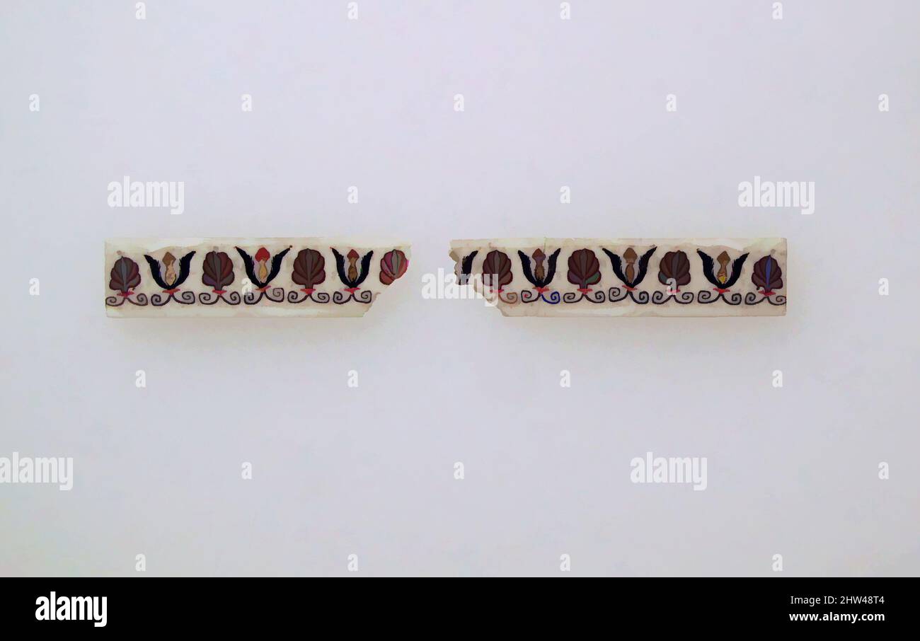 Kunst inspiriert von Glasmosaik-Inlay-Fragmenten, frühes Imperium, Ende 1.. Jahrhundert v. Chr.–1.. Jahrhundert n. Chr., römisch, Glas; Mosaik, andere (A): 1 5/16 Zoll (3,4 cm), Glas, opak weißer Boden; Dekoration in opak-rotem, gelbem und graugrünem und tiefviolettem Schwarz., zwei nicht-verbindende, von Artotop modernisierte Classic Works mit einem Schuss Moderne. Formen, Farbe und Wert, auffällige visuelle Wirkung auf Kunst. Emotionen durch Freiheit von Kunstwerken auf zeitgemäße Weise. Eine zeitlose Botschaft, die eine wild kreative neue Richtung verfolgt. Künstler, die sich dem digitalen Medium zuwenden und die Artotop NFT erschaffen Stockfoto