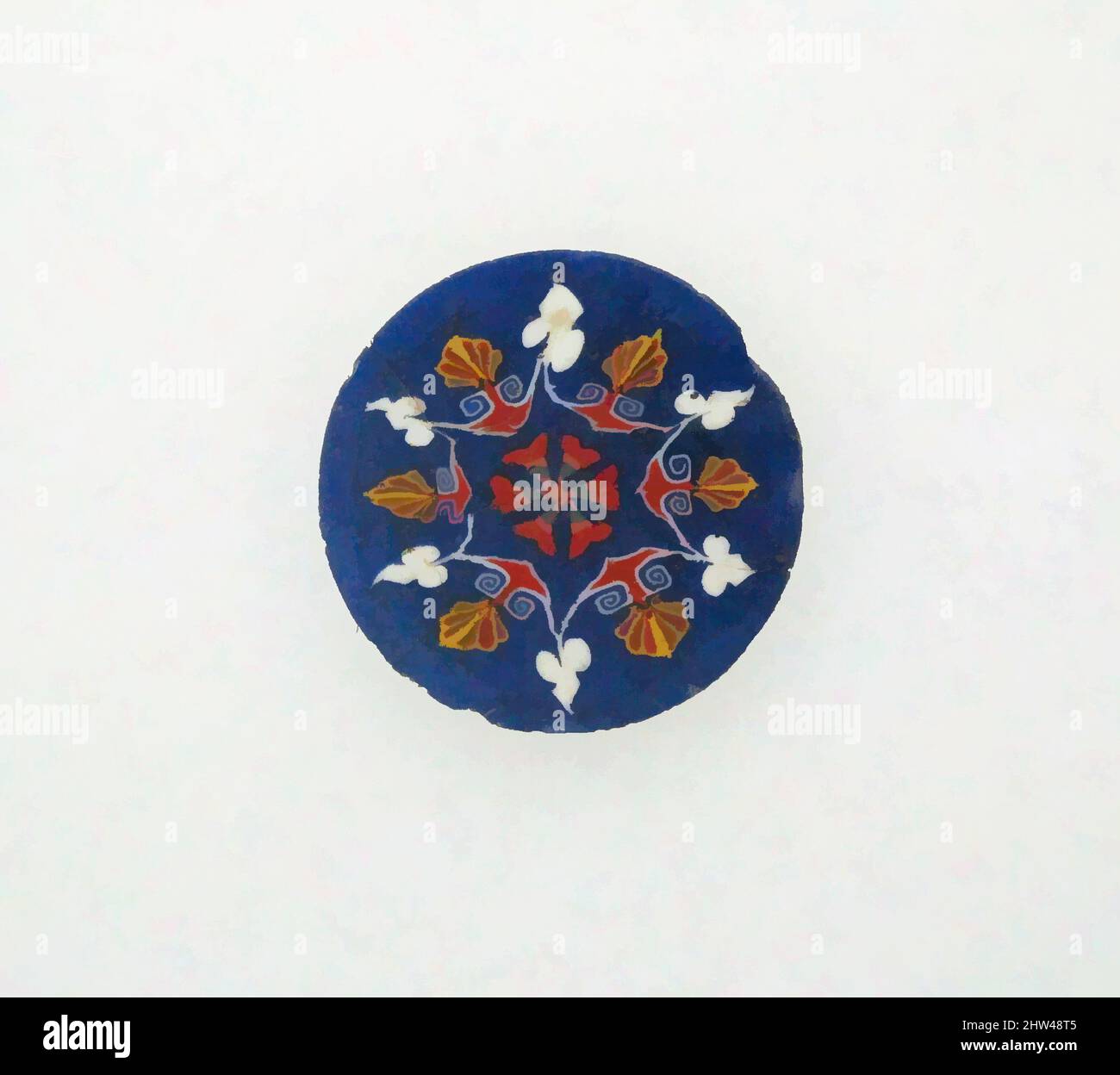 Kunst inspiriert von Glasmosaikeinlage, frühes Imperium, Ende 1.. Jahrhundert v. Chr.–1.. Jahrhundert n. Chr., römisch, Glas, Durchm.: 1 1/8 Zoll (2,9 cm), Glas, lichtdurchlässiger kobaltblauer Boden; Dekoration in opak weiß, gelb, rot und graugrün., rund, Flache und sehr dünne Plakette. Symmetrisch, Klassische Werke, die von Artotop mit einem Schuss Moderne modernisiert wurden. Formen, Farbe und Wert, auffällige visuelle Wirkung auf Kunst. Emotionen durch Freiheit von Kunstwerken auf zeitgemäße Weise. Eine zeitlose Botschaft, die eine wild kreative neue Richtung verfolgt. Künstler, die sich dem digitalen Medium zuwenden und die Artotop NFT erschaffen Stockfoto