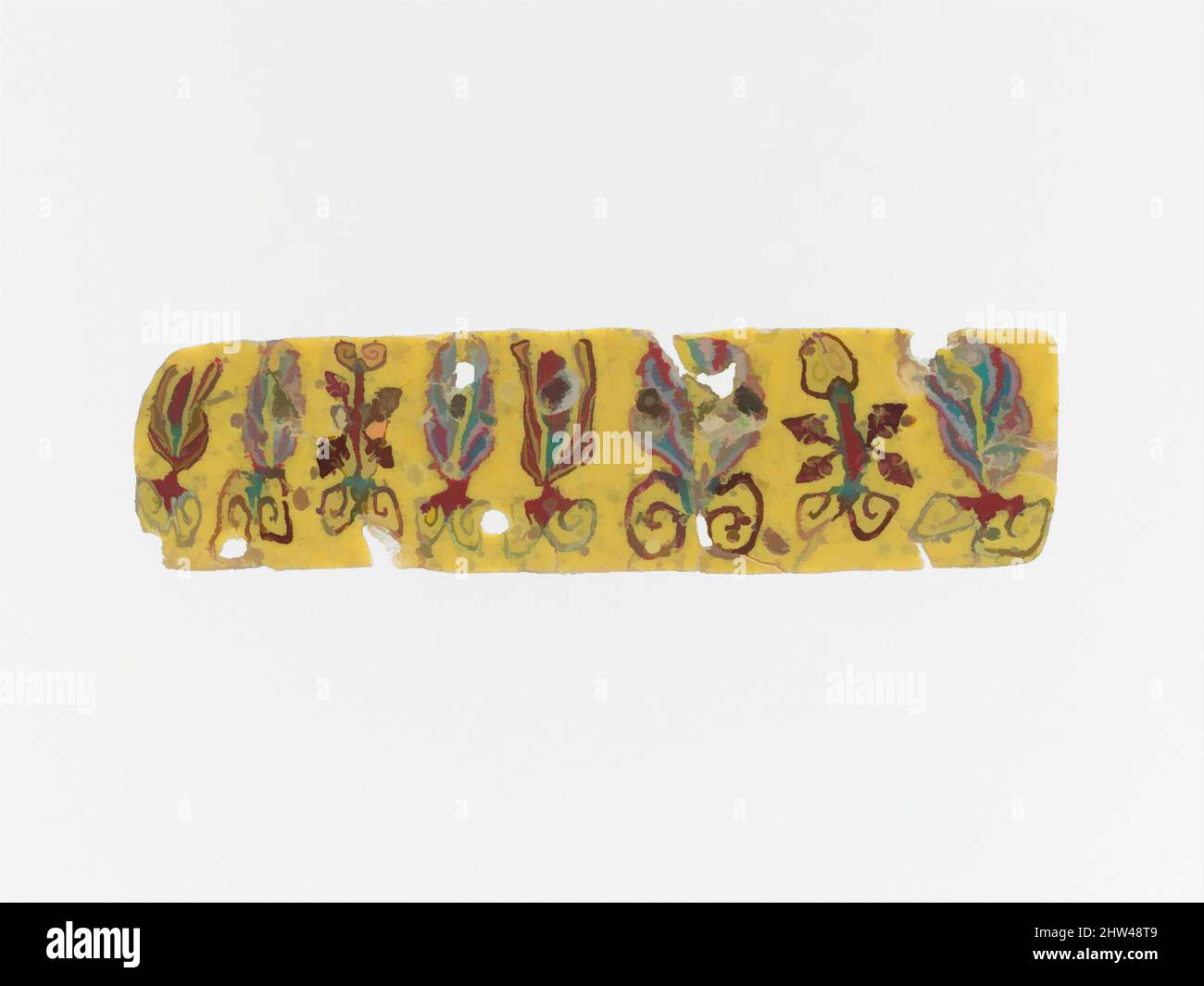 Kunst inspiriert von Glasmosaikeinlage, hellenistisch, 1.. Jahrhundert v. Chr.–1.. Jahrhundert n. Chr., ägyptisch, römisch, Glas; gegossen, Sonstiges: 1 5/16 Zoll (3,3 cm), Glas, opak gelber Boden; Dekoration in opak weiß, rot und graugrün, und transluzent tiefviolett erscheint schwarz., schmale horizontale, Classic Works modernisiert von Artotop mit einem Schuss Moderne. Formen, Farbe und Wert, auffällige visuelle Wirkung auf Kunst. Emotionen durch Freiheit von Kunstwerken auf zeitgemäße Weise. Eine zeitlose Botschaft, die eine wild kreative neue Richtung verfolgt. Künstler, die sich dem digitalen Medium zuwenden und die Artotop NFT erschaffen Stockfoto