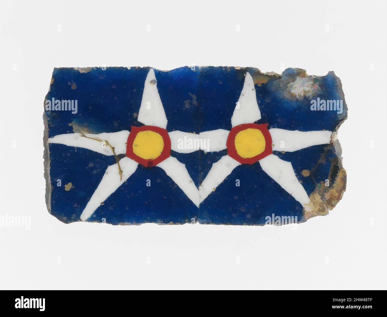 Kunst inspiriert von Glasmosaikeinlage, hellenistisch, 1.. Jahrhundert v. Chr.–1.. Jahrhundert n. Chr., ägyptisch, römisch, Glas, andere: 1 9/16 Zoll (3,9 cm), Glas, lichtdurchlässiger kobaltblauer Boden; Verzierung in opak weiß, gelb und rot., rechteckig, dünn, Flache Plakette mit leicht abgeschrägten Kanten, von Artotop modernisierte Classic Works mit einem Schuss Modernität. Formen, Farbe und Wert, auffällige visuelle Wirkung auf Kunst. Emotionen durch Freiheit von Kunstwerken auf zeitgemäße Weise. Eine zeitlose Botschaft, die eine wild kreative neue Richtung verfolgt. Künstler, die sich dem digitalen Medium zuwenden und die Artotop NFT erschaffen Stockfoto