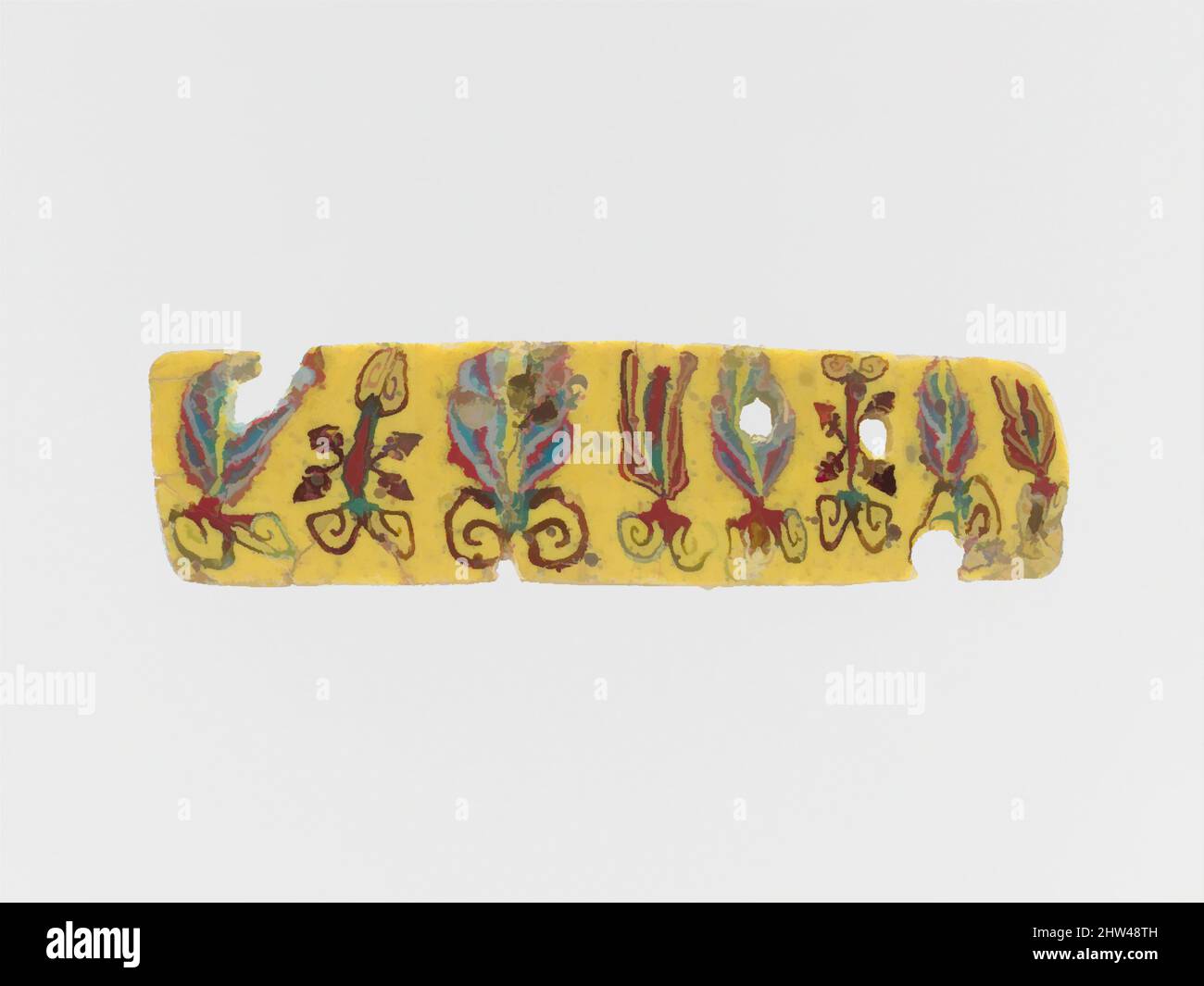 Kunst inspiriert von Glasmosaikeinlage, hellenistisch, 1.. Jahrhundert v. Chr.–1.. Jahrhundert n. Chr., ägyptisch, römisch, Glas, andere: 1 3/4 Zoll (4,4 cm), Glas, opak gelber Boden; Dekoration in opak weiß, rot und graugrün, und transluzent tiefviolett erscheint schwarz., schmale horizontale Streifen, Classic Works modernisiert von Artotop mit einem Schuss Moderne. Formen, Farbe und Wert, auffällige visuelle Wirkung auf Kunst. Emotionen durch Freiheit von Kunstwerken auf zeitgemäße Weise. Eine zeitlose Botschaft, die eine wild kreative neue Richtung verfolgt. Künstler, die sich dem digitalen Medium zuwenden und die Artotop NFT erschaffen Stockfoto