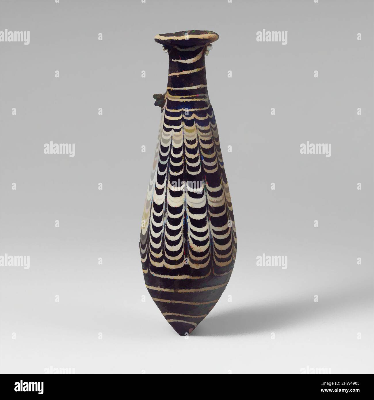 Kunst inspiriert von Glas-Alabastroon (Parfümflasche), hellenistisch, 2.–Mitte 1. Jahrhundert v. Chr., Griechisch, Östliches Mittelmeer, Glas; kernförmig, Gruppe III, H.: 5 3/16 Zoll (13,1 cm), Glas, lichtdurchlässig kobaltblau, mit Griffen in gleicher Farbe; Spur in opak weiß., nach innen schräg unregelmäßig, Classic Works modernisiert von Artotop mit einem Schuss Moderne. Formen, Farbe und Wert, auffällige visuelle Wirkung auf Kunst. Emotionen durch Freiheit von Kunstwerken auf zeitgemäße Weise. Eine zeitlose Botschaft, die eine wild kreative neue Richtung verfolgt. Künstler, die sich dem digitalen Medium zuwenden und die Artotop NFT erschaffen Stockfoto