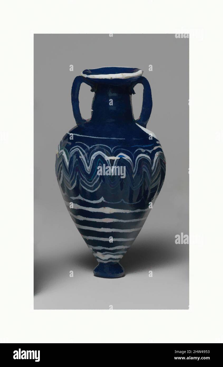 Kunst inspiriert von Glas Amphoriskos (Parfümflasche), klassisch, 5.–Anfang 4. Jahrhundert v. Chr., Griechisch, östliches Mittelmeer, Glas; Kernform, Gruppe I, H.: 3 3/4 Zoll (9,5 cm), Glas, lichtdurchlässig kobaltblau, mit Griffen in gleicher Farbe; Trails in opak-weiß., breiter, nach innen geneigter Rand-, Classic Works modernisiert von Artotop mit einem Schuss Modernität. Formen, Farbe und Wert, auffällige visuelle Wirkung auf Kunst. Emotionen durch Freiheit von Kunstwerken auf zeitgemäße Weise. Eine zeitlose Botschaft, die eine wild kreative neue Richtung verfolgt. Künstler, die sich dem digitalen Medium zuwenden und die Artotop NFT erschaffen Stockfoto