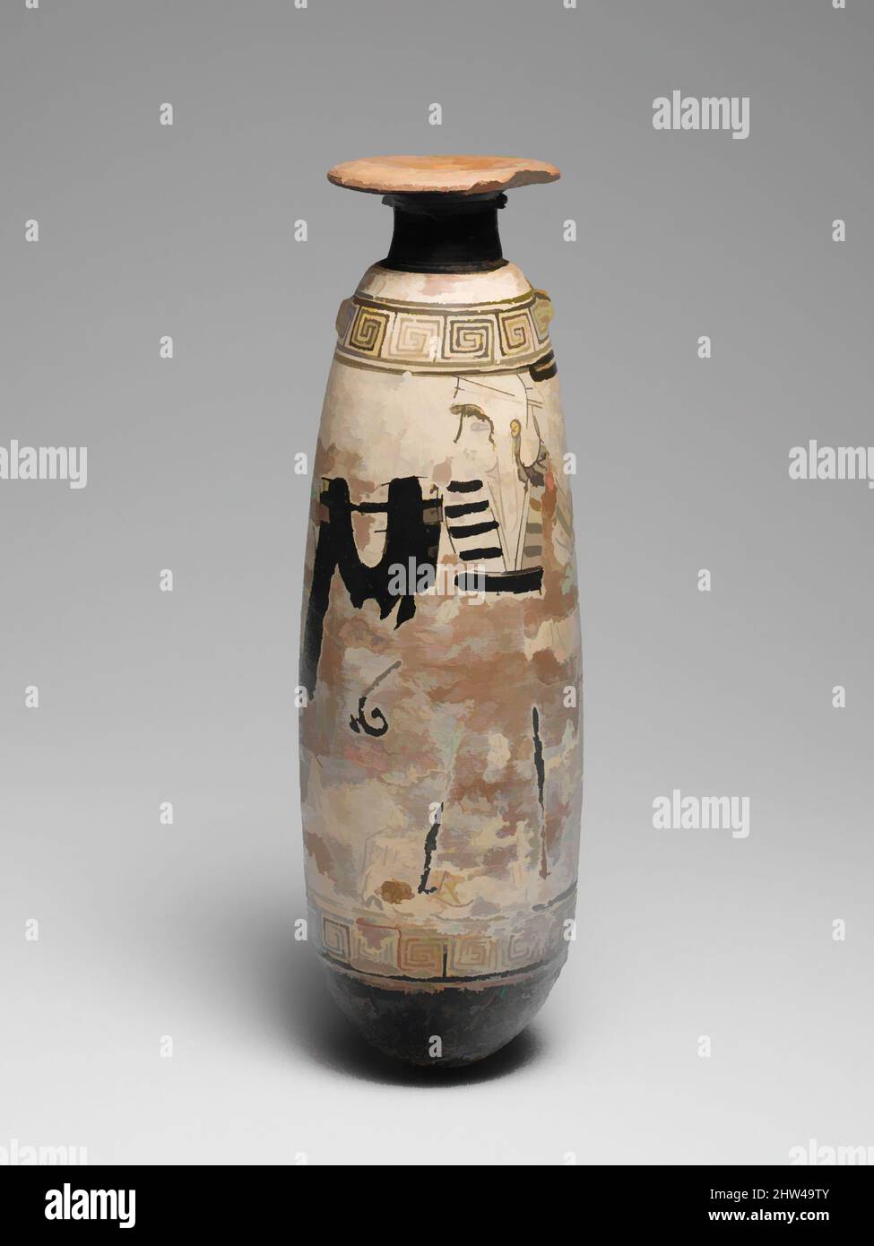 Kunst inspiriert von Terracotta Alabastron (Parfümvase), archaisch, ca. 510–500 v. Chr., Griechisch, Dachboden, Terrakotta; weißer Boden, H. 7 1/8 Zoll (18,1 cm), Vasen, zwei Bogenschützen mit Hund auf der Jagd nach einer Katze. Die Bogenschützen in ihrem orientalischen Gewand sind mit den Amazonen verbunden, die auf weißer Alabastra erscheinen, Klassische Werke, die von Artotop mit einem Schuss Moderne modernisiert wurden. Formen, Farbe und Wert, auffällige visuelle Wirkung auf Kunst. Emotionen durch Freiheit von Kunstwerken auf zeitgemäße Weise. Eine zeitlose Botschaft, die eine wild kreative neue Richtung verfolgt. Künstler, die sich dem digitalen Medium zuwenden und die Artotop NFT erschaffen Stockfoto