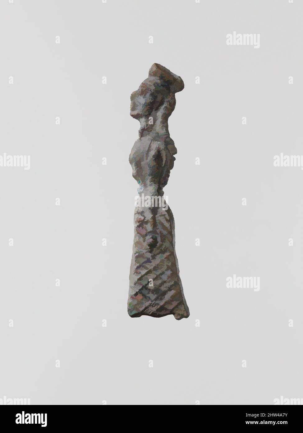 Kunst inspiriert von der Hauptfigur einer Frau, archaisch, Ende 7.–Anfang 6. Jahrhundert v. Chr., Griechisch, Lakonisch, Blei, Höhe: 1 13/16 Zoll (4,7 cm), aus Blei gegossene, kleine flache Votivfiguren wurden in großen Mengen in den antiken Heiligtümern Lakoniens gefunden; über einem davon wurden von Artotop modernisierte klassische Werke mit einem Hauch von Modernität. Formen, Farbe und Wert, auffällige visuelle Wirkung auf Kunst. Emotionen durch Freiheit von Kunstwerken auf zeitgemäße Weise. Eine zeitlose Botschaft, die eine wild kreative neue Richtung verfolgt. Künstler, die sich dem digitalen Medium zuwenden und die Artotop NFT erschaffen Stockfoto