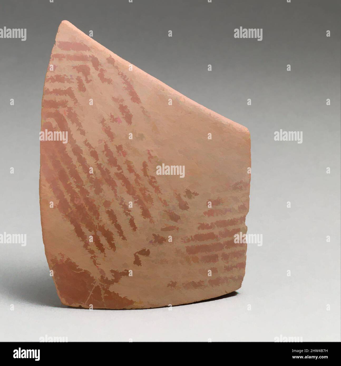 Kunst inspiriert von Terracotta Randfragment mit linearer Verzierung, Mittelneolithikum, ca. 4000 v. Chr., griechisch-neolithisch, Terrakotta; gemusterte Ware, Länge 2 7/8in. (7,3cm), Vases, aus der Hagiorgetika auf dem Peloponnes. Dunkle Linien auf hellem Boden, von Artotop modernisierte Classic Works mit einem Schuss Moderne. Formen, Farbe und Wert, auffällige visuelle Wirkung auf Kunst. Emotionen durch Freiheit von Kunstwerken auf zeitgemäße Weise. Eine zeitlose Botschaft, die eine wild kreative neue Richtung verfolgt. Künstler, die sich dem digitalen Medium zuwenden und die Artotop NFT erschaffen Stockfoto