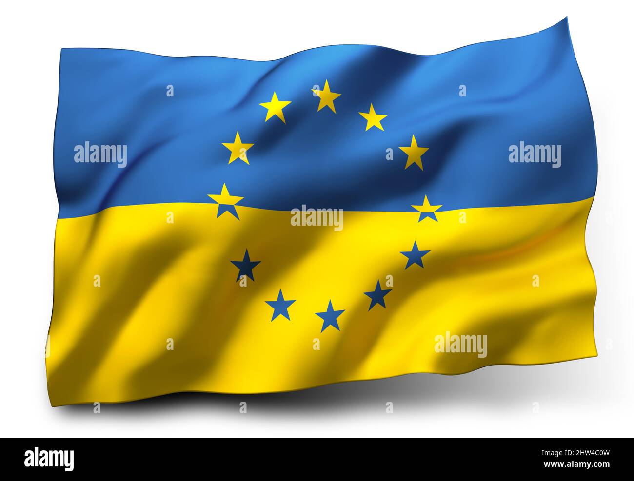 Winkende Flagge der Ukraine, mit den Sternen der Flagge der Europäischen Union, isoliert auf weißem Hintergrund Stockfoto