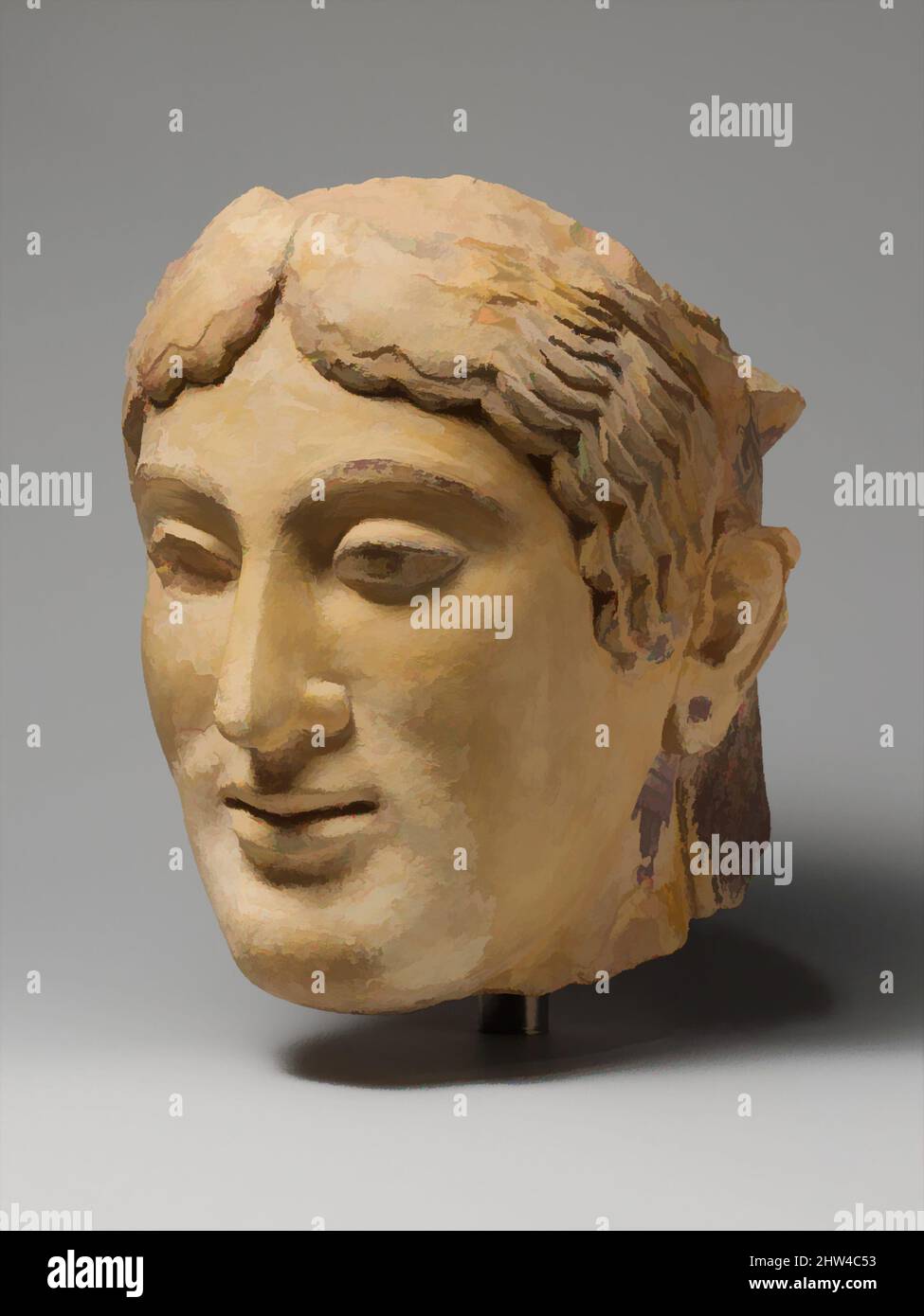 Kunst inspiriert von Terracotta Kopf einer Frau, wahrscheinlich eine Sphinx, archaisch, 1. Viertel des 5.. Jahrhunderts v. Chr., Griechisch, Terracotta, H. 8 1/8 in. (20,7 cm), Terracottas, Terracotta Skulptur von großem Maßstab und hoher Qualität ist selten in der griechischen Kunst des Festlandes als im Gegensatz zu der der südlichen, Klassische Werke von Artotop mit einem Schuss Moderne modernisiert. Formen, Farbe und Wert, auffällige visuelle Wirkung auf Kunst. Emotionen durch Freiheit von Kunstwerken auf zeitgemäße Weise. Eine zeitlose Botschaft, die eine wild kreative neue Richtung verfolgt. Künstler, die sich dem digitalen Medium zuwenden und die Artotop NFT erschaffen Stockfoto