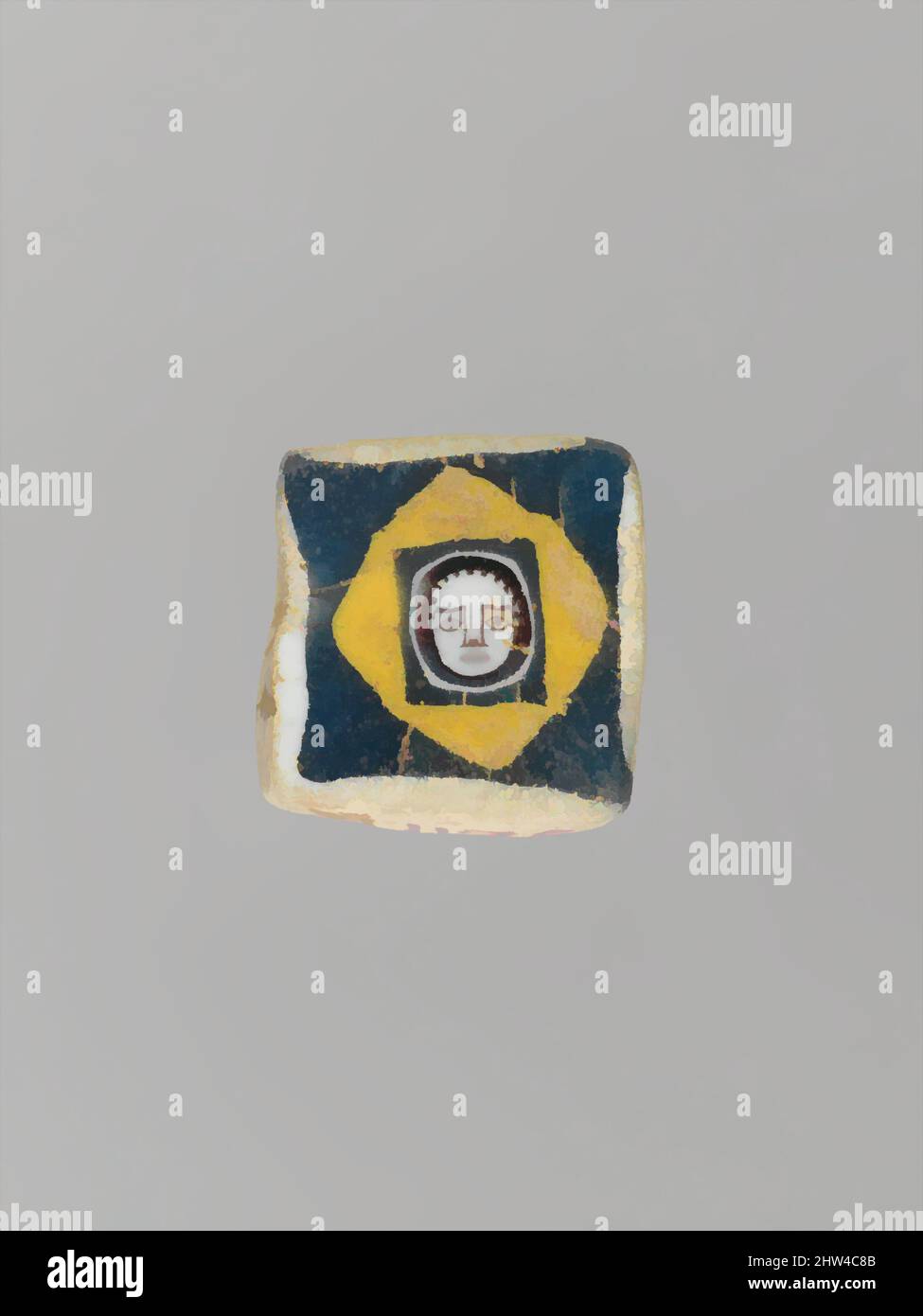 Kunst inspiriert von Glasmosaik-Gesichtsperle, 1.. Jahrhundert v. Chr.–1.. Jahrhundert n. Chr., römisch, östliches Mittelmeer, Glas, H.: 1/2 Zoll (1,3 cm), Glas, opakes Weiß, Gelb und Rot, Und transluzides Blau und tiefes Lila, das schwarz erscheint., Quadrat mit leicht abgerundeten Kanten und Ecken; flache Vorderseite, Classic Works modernisiert von Artotop mit einem Schuss Modernität. Formen, Farbe und Wert, auffällige visuelle Wirkung auf Kunst. Emotionen durch Freiheit von Kunstwerken auf zeitgemäße Weise. Eine zeitlose Botschaft, die eine wild kreative neue Richtung verfolgt. Künstler, die sich dem digitalen Medium zuwenden und die Artotop NFT erschaffen Stockfoto