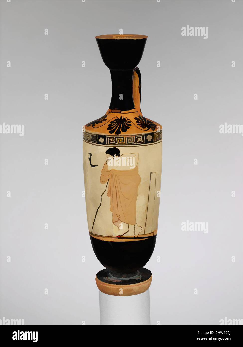 Kunst inspiriert von Terracotta lekithos (Ölflasche), spätarchaisch, 1. Viertel des 5.. Jahrhunderts v. Chr., griechisch, attisch, Terracotta; weißer Boden, H. 10 1/4 Zoll (26 cm), Vasen, Trainer. Der junge Mann wird als Trainer durch die himation (overgarment) drapiert über seinen Körper und die Mitarbeiter auf gekennzeichnet, Classic Works modernisiert von Artotop mit einem Schuss Moderne. Formen, Farbe und Wert, auffällige visuelle Wirkung auf Kunst. Emotionen durch Freiheit von Kunstwerken auf zeitgemäße Weise. Eine zeitlose Botschaft, die eine wild kreative neue Richtung verfolgt. Künstler, die sich dem digitalen Medium zuwenden und die Artotop NFT erschaffen Stockfoto