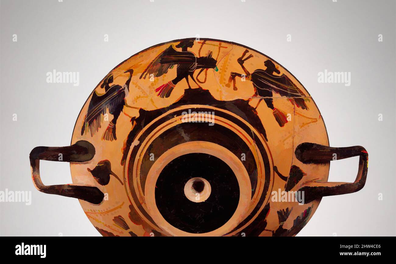 Kunst inspiriert von Terracotta kylix (Trinkbecher), klassisch, Anfang des 5.. Jahrhunderts v. Chr., Griechisch, Böotisch, Terracotta; schwarze Figur, 3 1/8 x 12in. (8 x 30,5cm); Durchmesser 9 5/16in. (23,7cm), Vasen, Interieur: Frau., Exterieur: Sirenen, die Musik machen, Klassisches, von Artotop modernisiertes Werk mit einem Schuss Modernität. Formen, Farbe und Wert, auffällige visuelle Wirkung auf Kunst. Emotionen durch Freiheit von Kunstwerken auf zeitgemäße Weise. Eine zeitlose Botschaft, die eine wild kreative neue Richtung verfolgt. Künstler, die sich dem digitalen Medium zuwenden und die Artotop NFT erschaffen Stockfoto