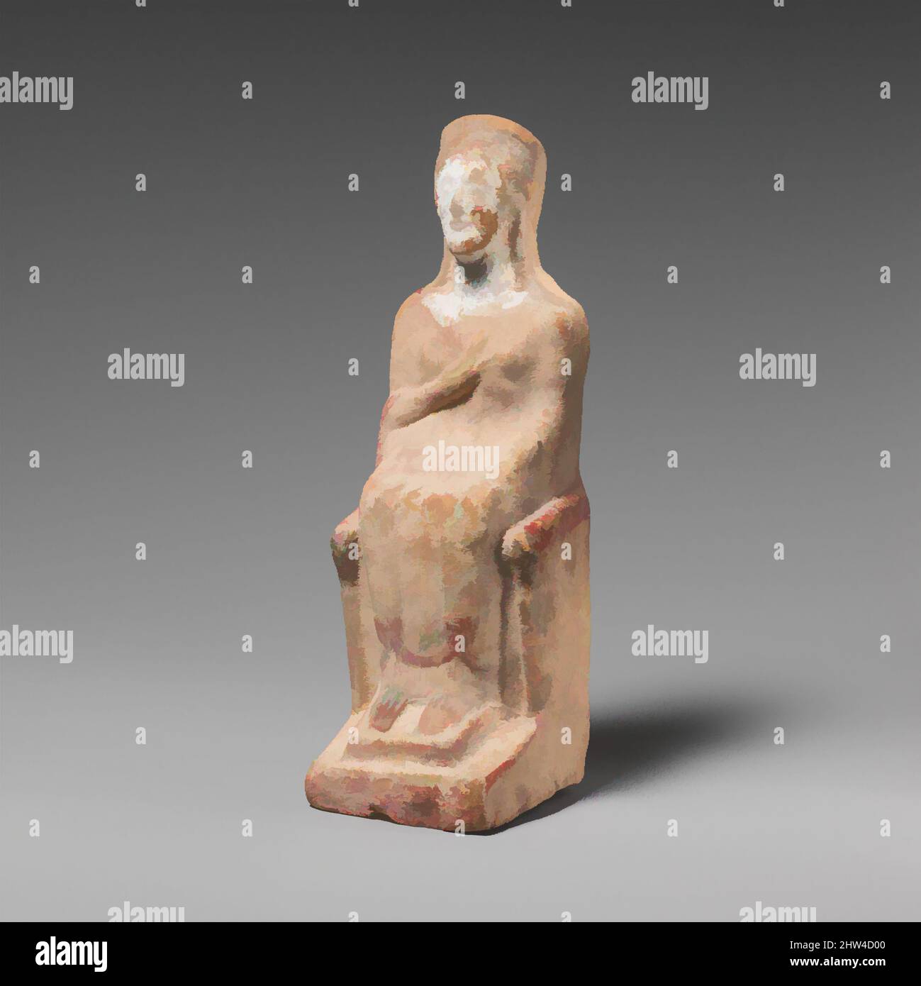 Kunst inspiriert von Terracotta Statuette einer sitzenden Frau, spät archaisch, Anfang 5. Jahrhundert v. Chr., Griechisch, Dachboden, Terracotta, H. 7 15/16 in. (20,2 cm), Terracottas, Klassische Werke, die von Artotop mit einem Schuss Moderne modernisiert wurden. Formen, Farbe und Wert, auffällige visuelle Wirkung auf Kunst. Emotionen durch Freiheit von Kunstwerken auf zeitgemäße Weise. Eine zeitlose Botschaft, die eine wild kreative neue Richtung verfolgt. Künstler, die sich dem digitalen Medium zuwenden und die Artotop NFT erschaffen Stockfoto