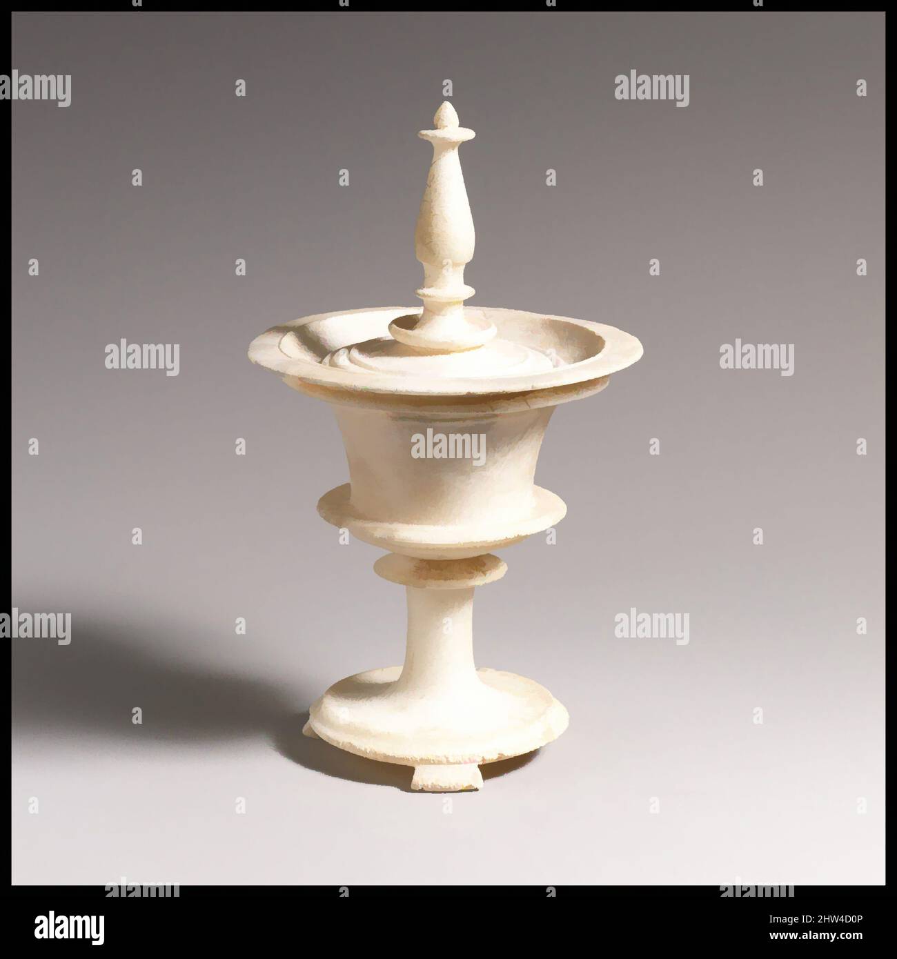 Kunst inspiriert von Marmor pyxis (Schachtel), klassisch, Ende 5.–Anfang 4. Jahrhundert v. Chr., Griechisch, Marmor, H. 7 15/16 in. (20,2 cm), Verschiedenes-Stein-Vasen, griechische Marmorarbeit der klassischen Zeit wird im Allgemeinen mit Architektur und monumentaler Skulptur assoziiert. Diese Vase ist bemerkenswert, Classic Works modernisiert von Artotop mit einem Schuss Moderne. Formen, Farbe und Wert, auffällige visuelle Wirkung auf Kunst. Emotionen durch Freiheit von Kunstwerken auf zeitgemäße Weise. Eine zeitlose Botschaft, die eine wild kreative neue Richtung verfolgt. Künstler, die sich dem digitalen Medium zuwenden und die Artotop NFT erschaffen Stockfoto